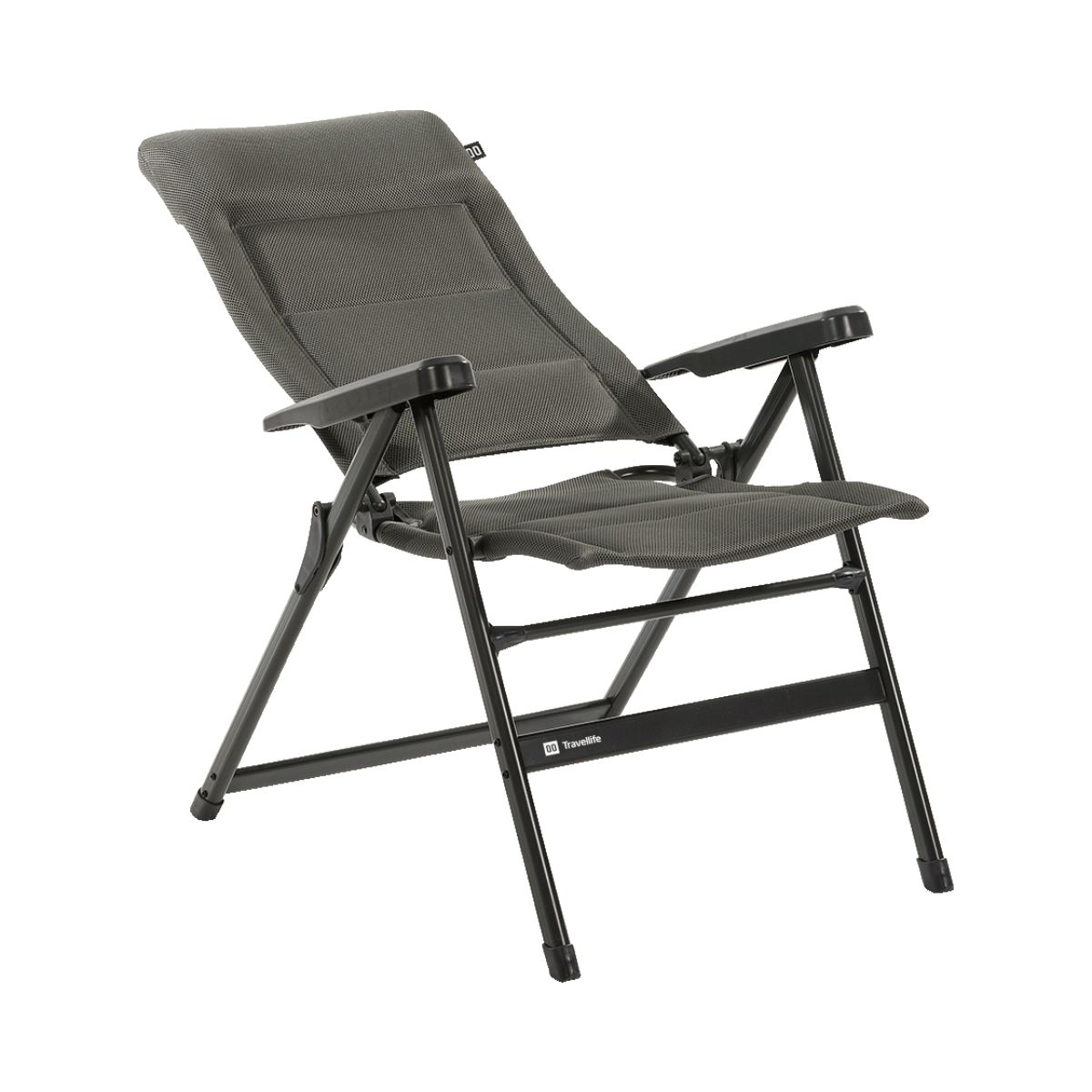 Grijze vouwbare loungestoel met zwart metalen frame.