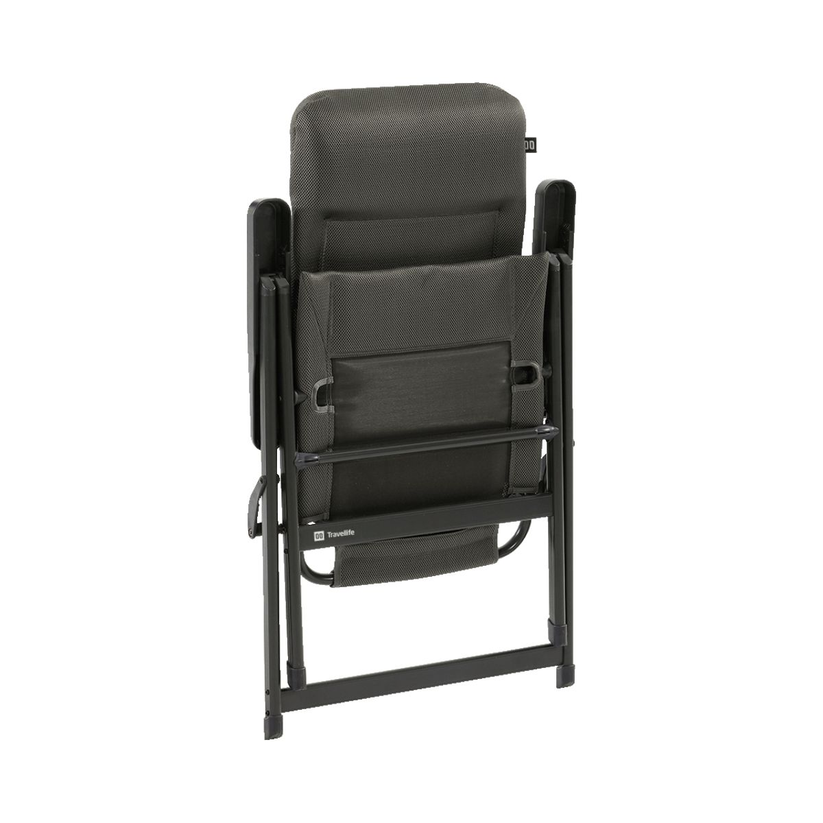 Grijze opvouwbare campingstoel met zwart metalen frame, achterkant.