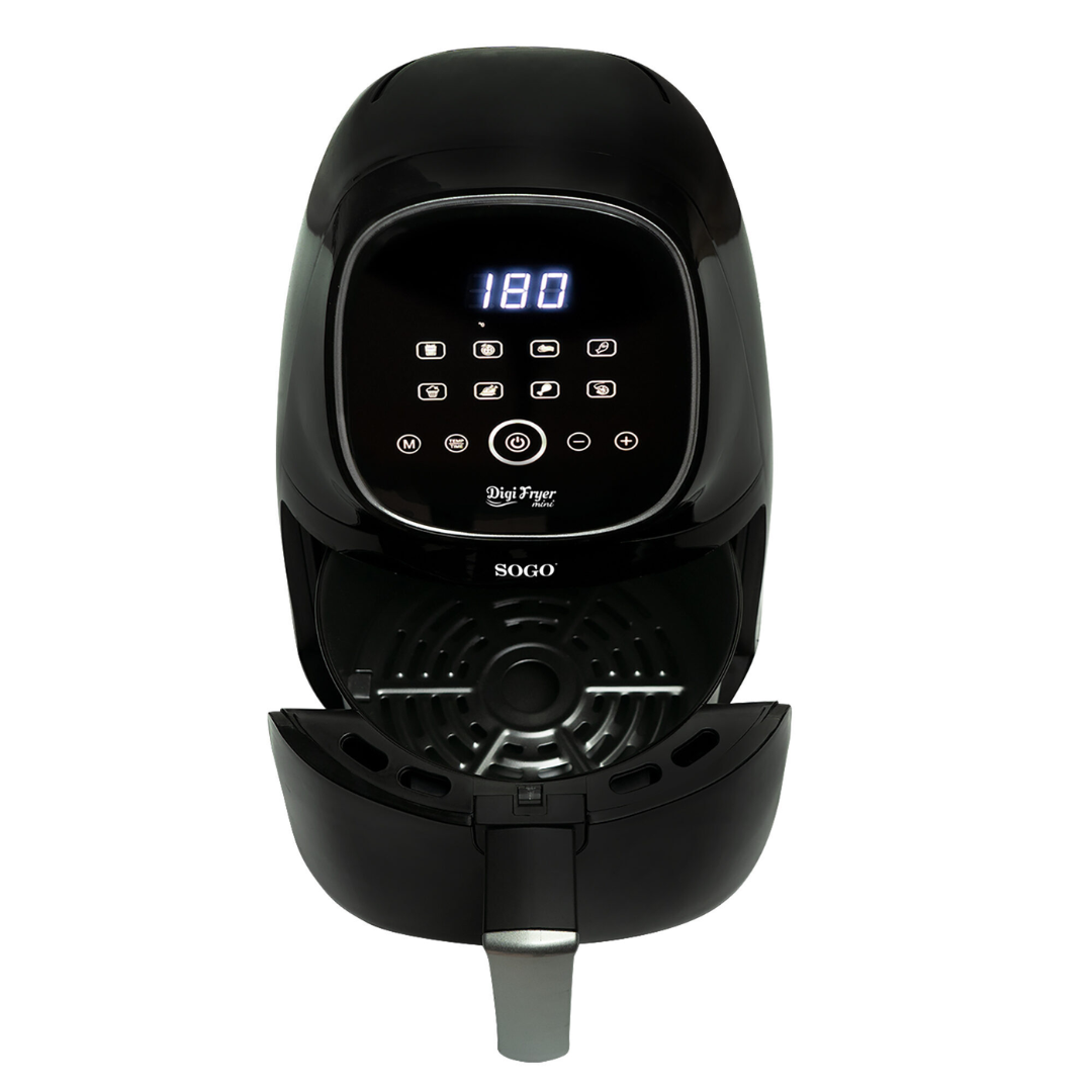 Friggitrice ad aria nera con display digitale che mostra 180.