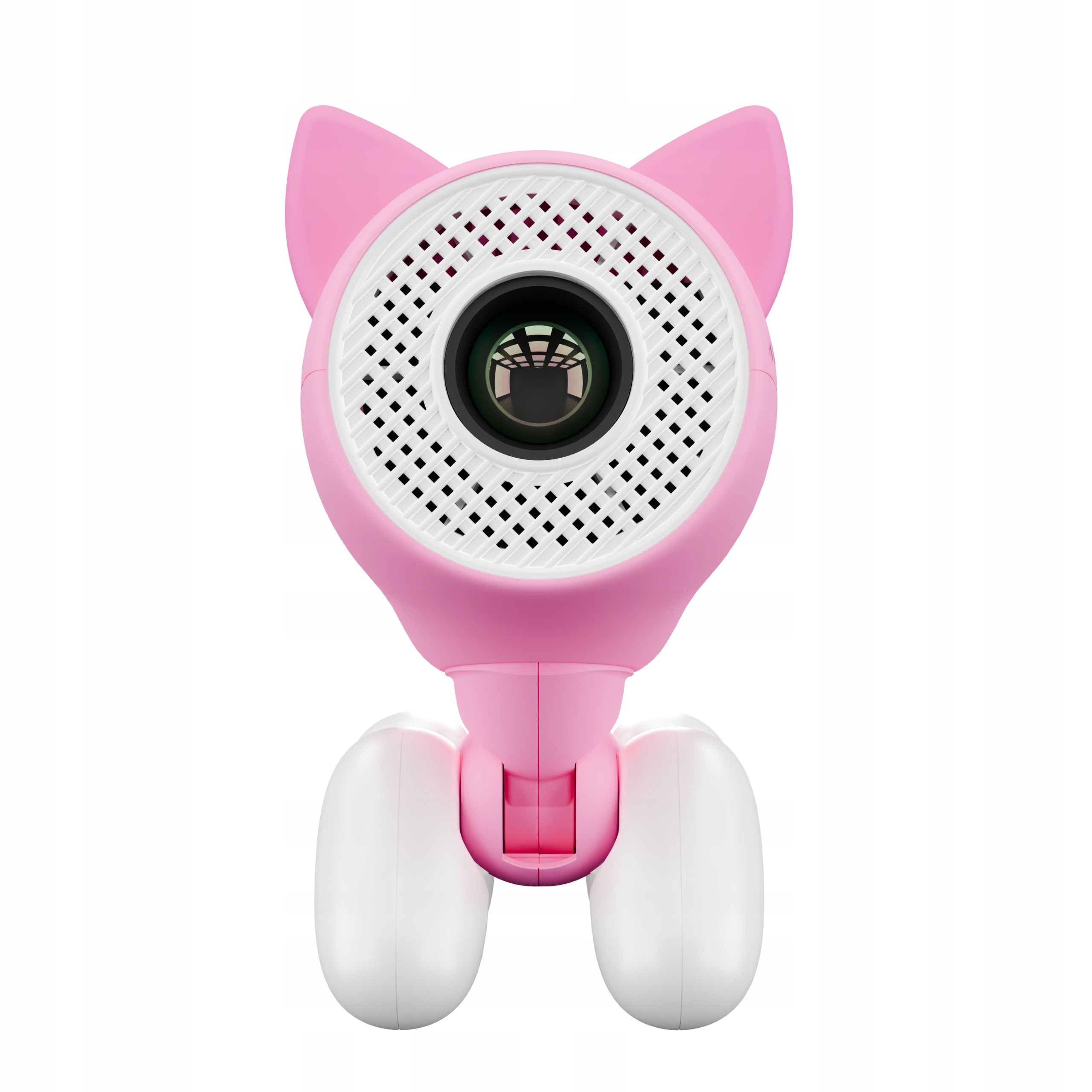 Una cámara robótica rosa con forma de gato y patas blancas.