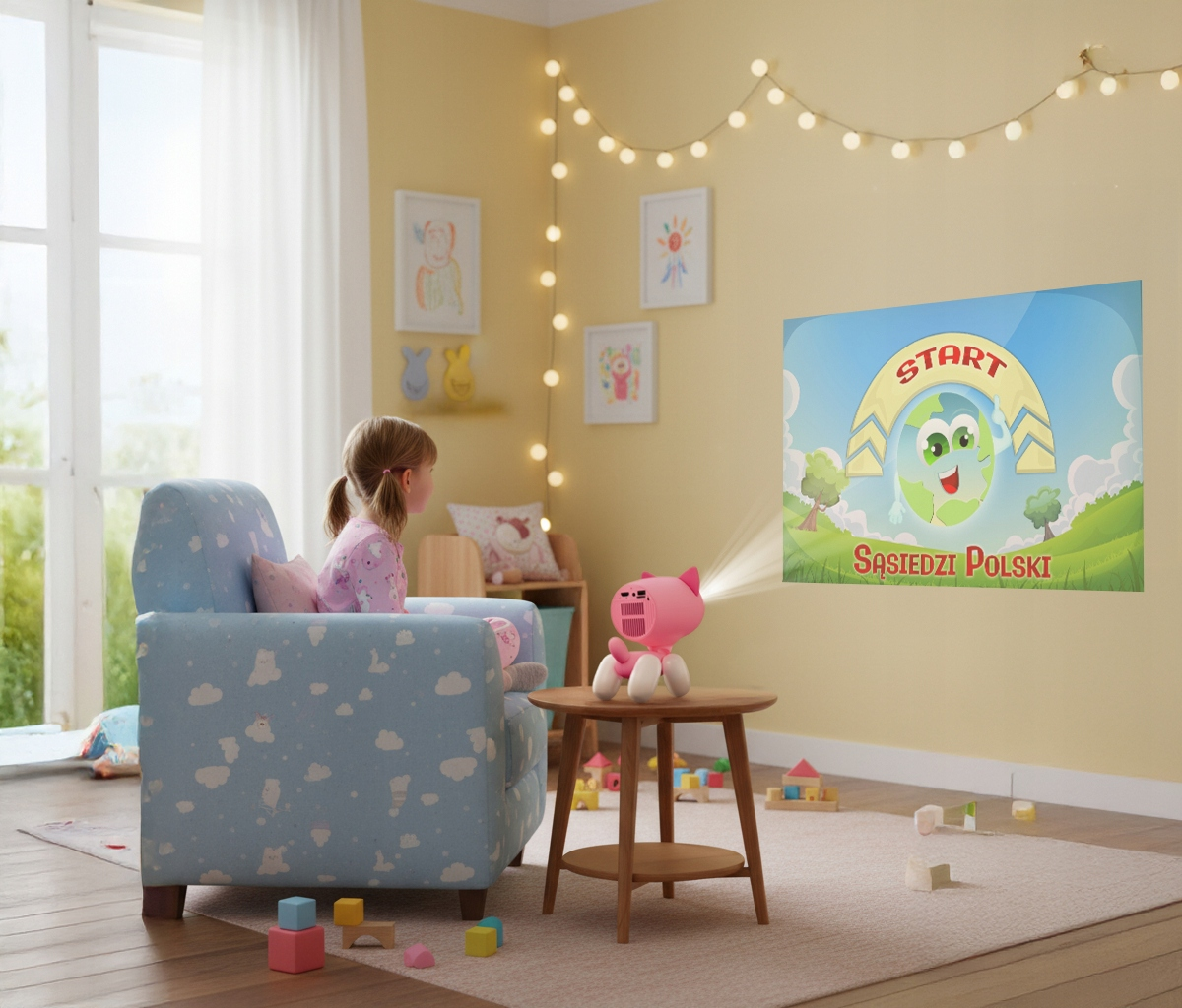 Una niña sentada en un sillón mira un proyector que proyecta una imagen en la pared.