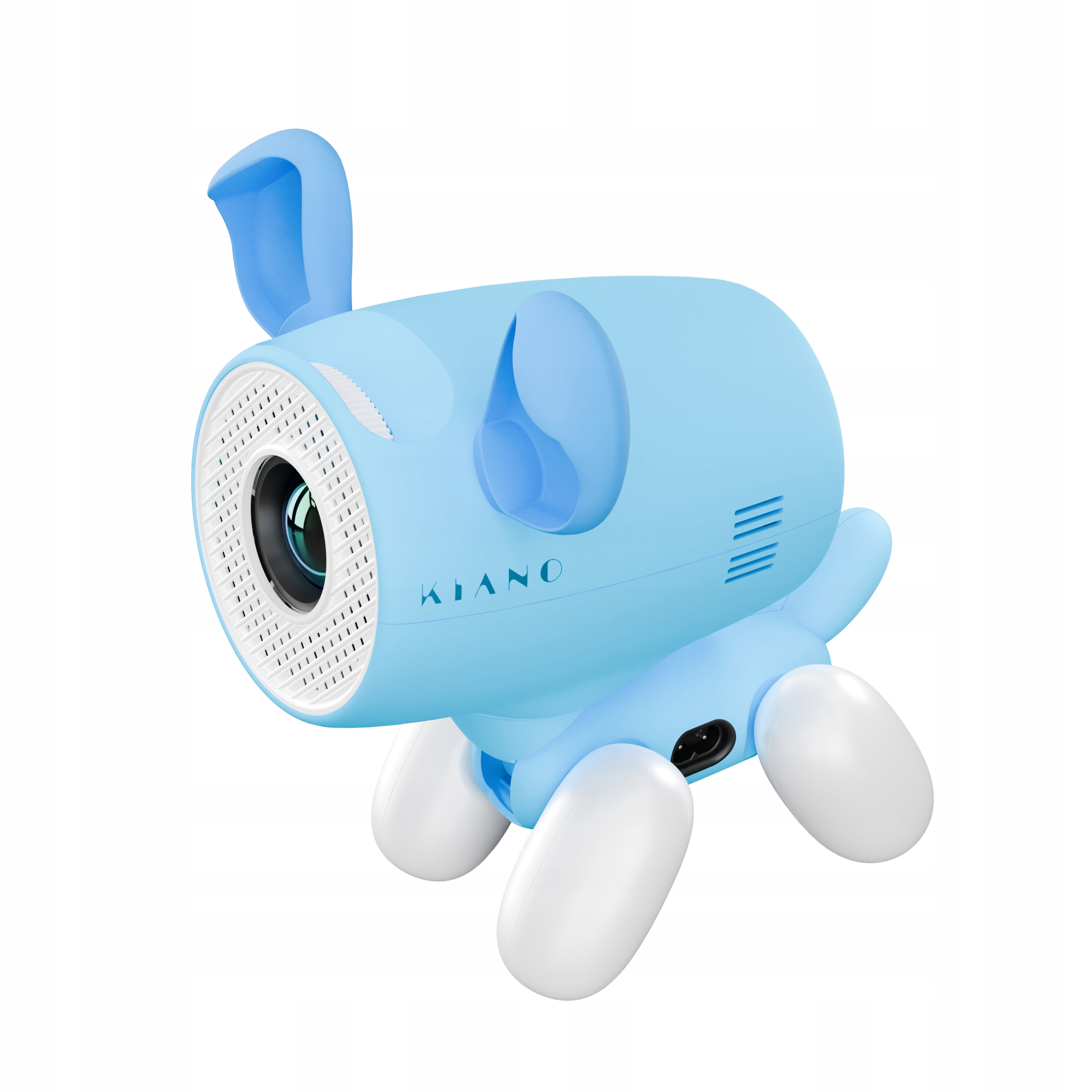 Un proyector azul con forma de conejo y patas blancas.