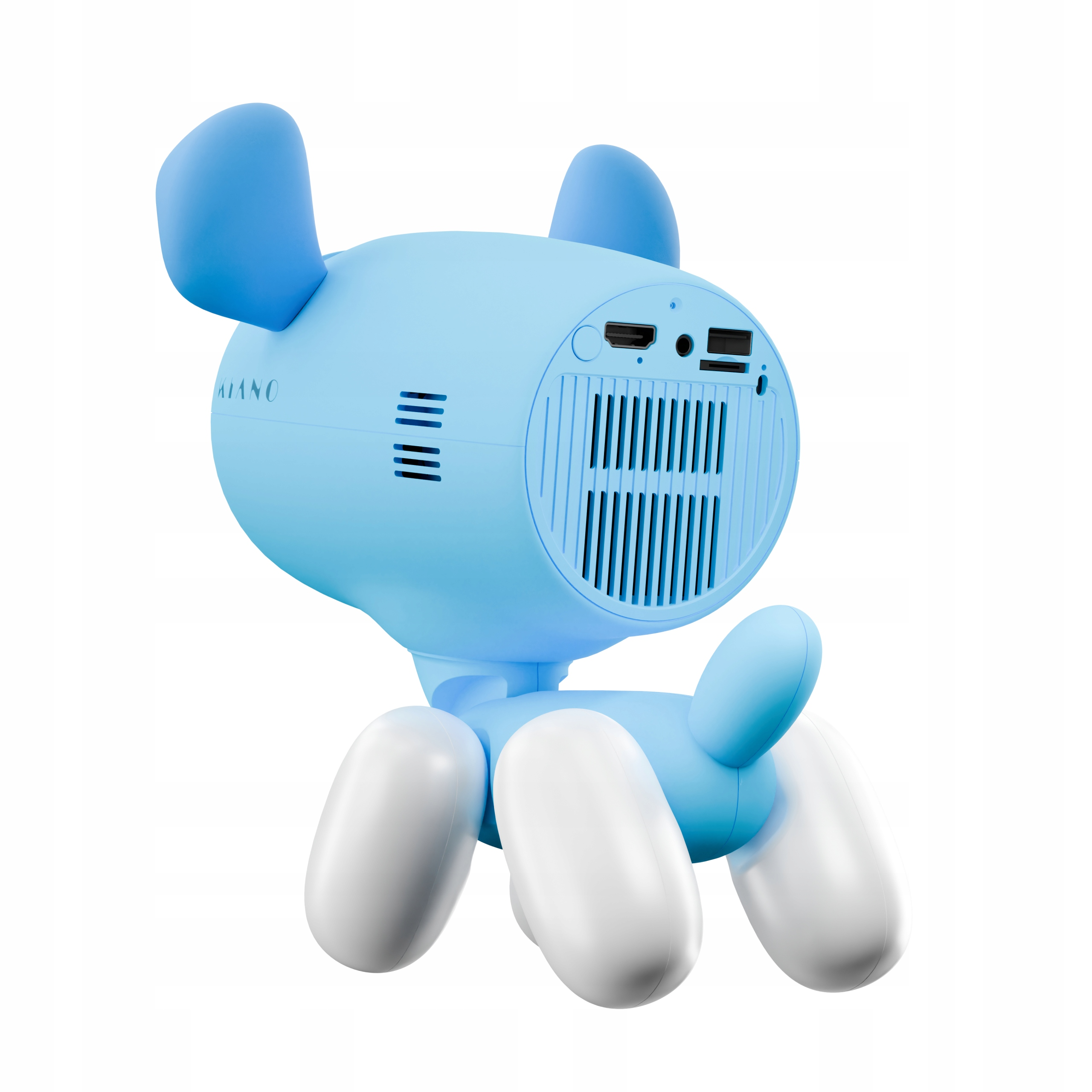Un proyector azul con forma de perro, pies blancos y puertos.