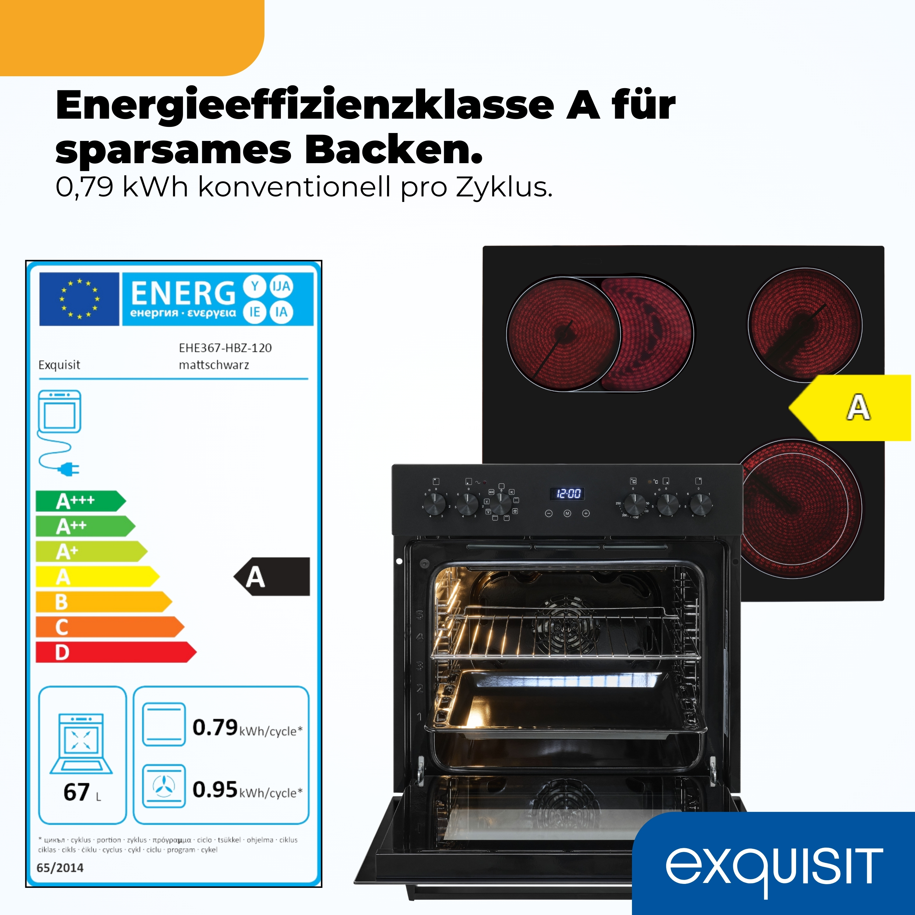 Ein schwarzer Einbauofen mit Energieeffizienzklasse A und Kochfeld.