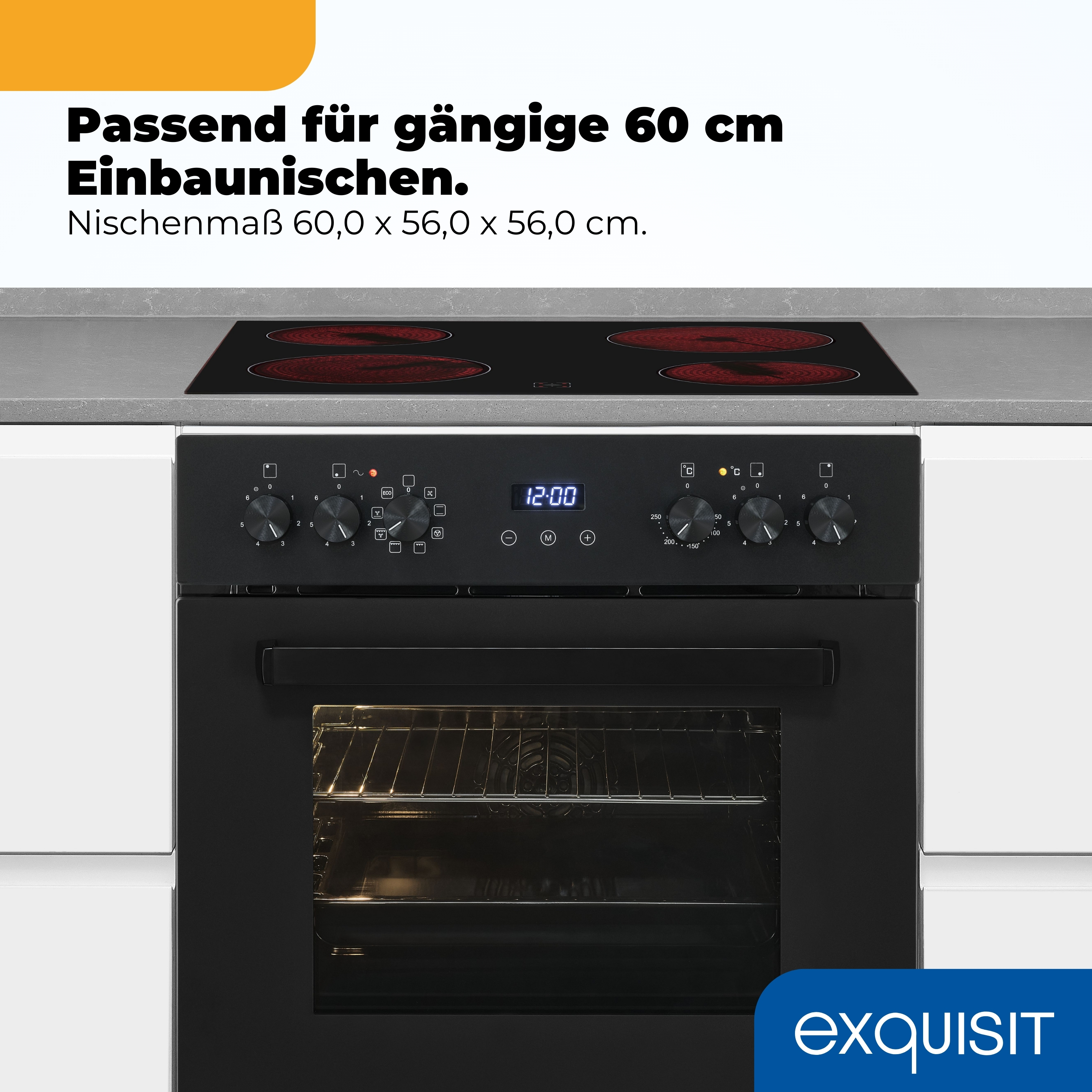 Einbauherd mit Glaskeramikkochfeld und digitaler Anzeige.