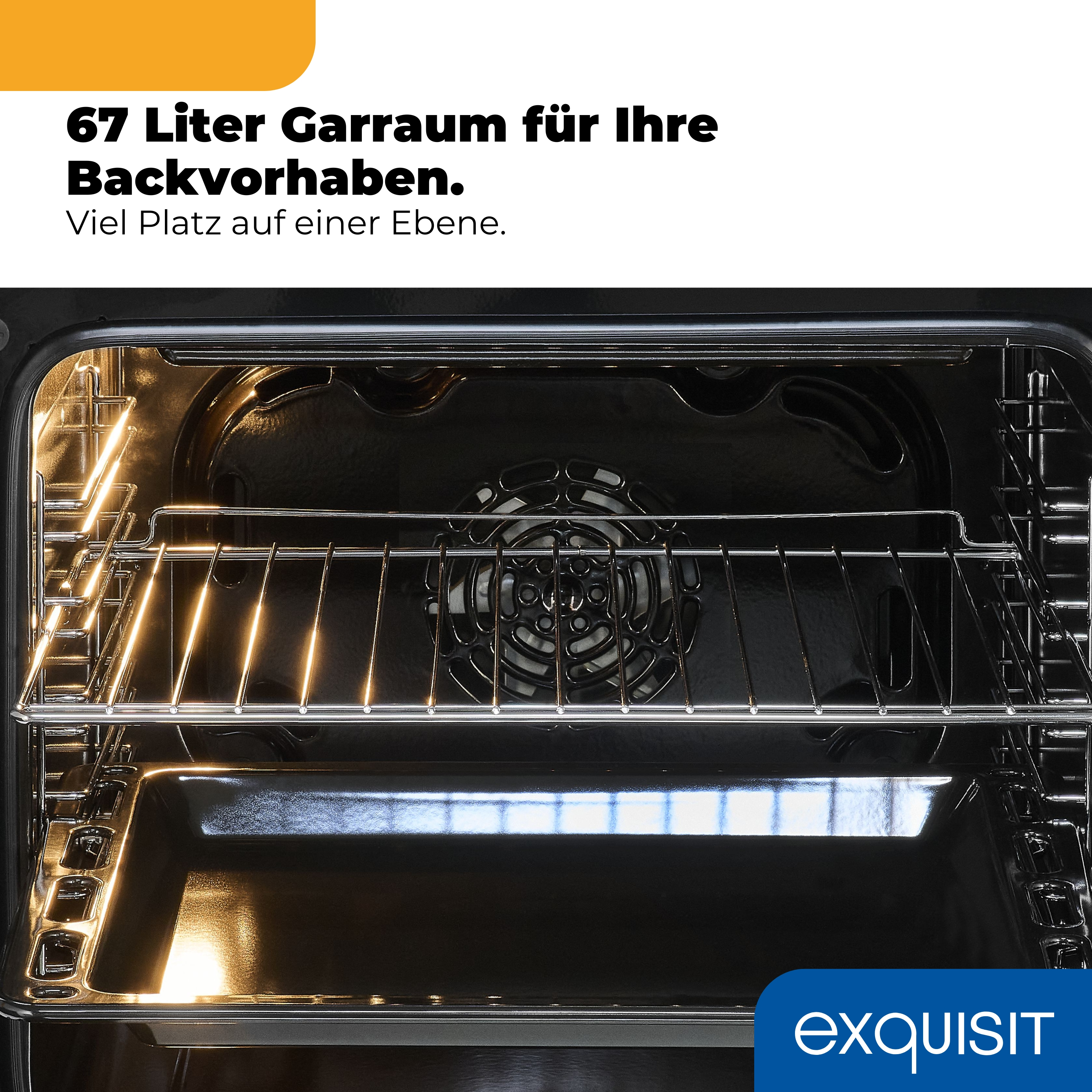 Einbauherd mit 67L Garraum, mit Grill und Lüfter. Glänzende Innenfläche.