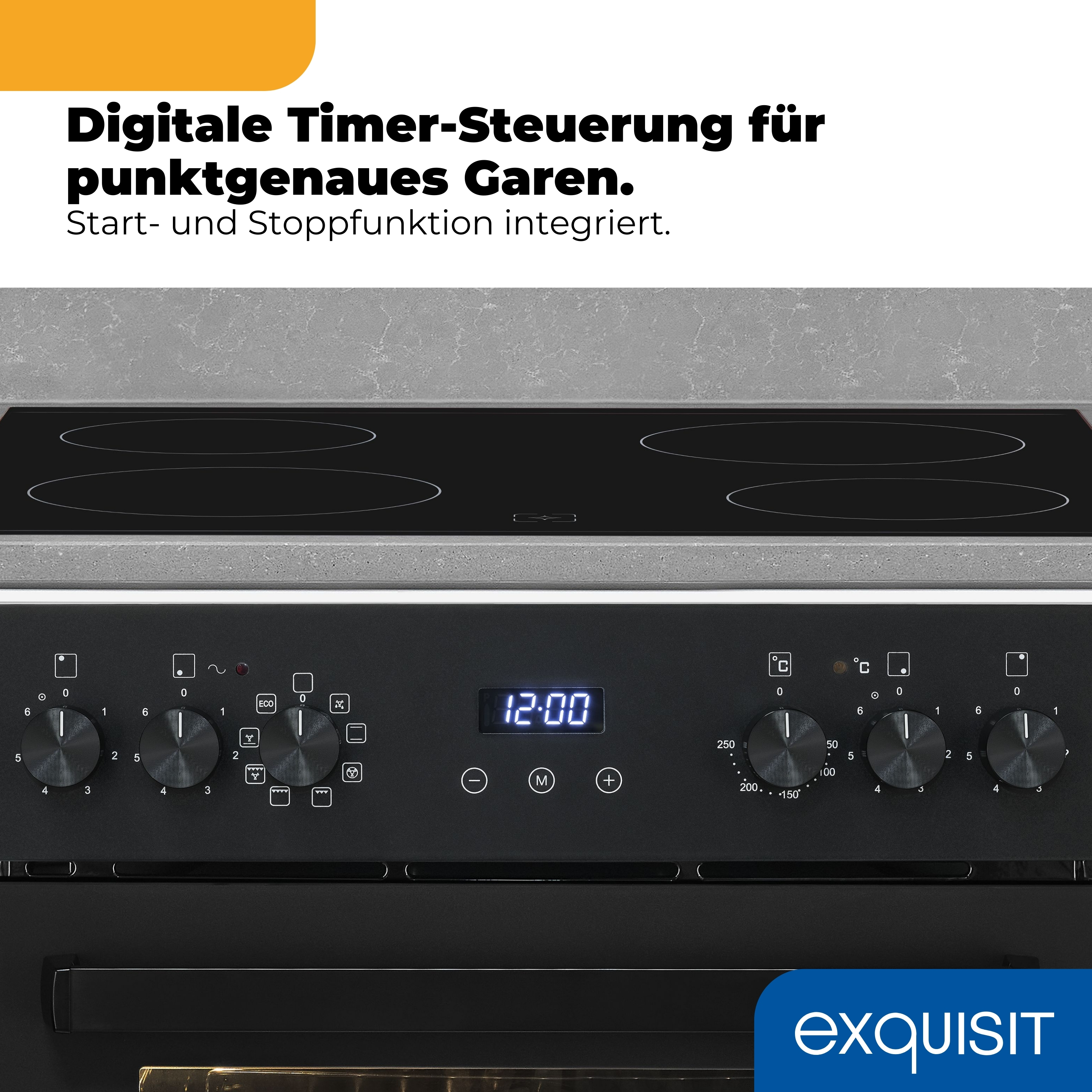 Schwarze Kochfeldsteuerung mit Drehreglern, Digitalanzeige und Symbolen.