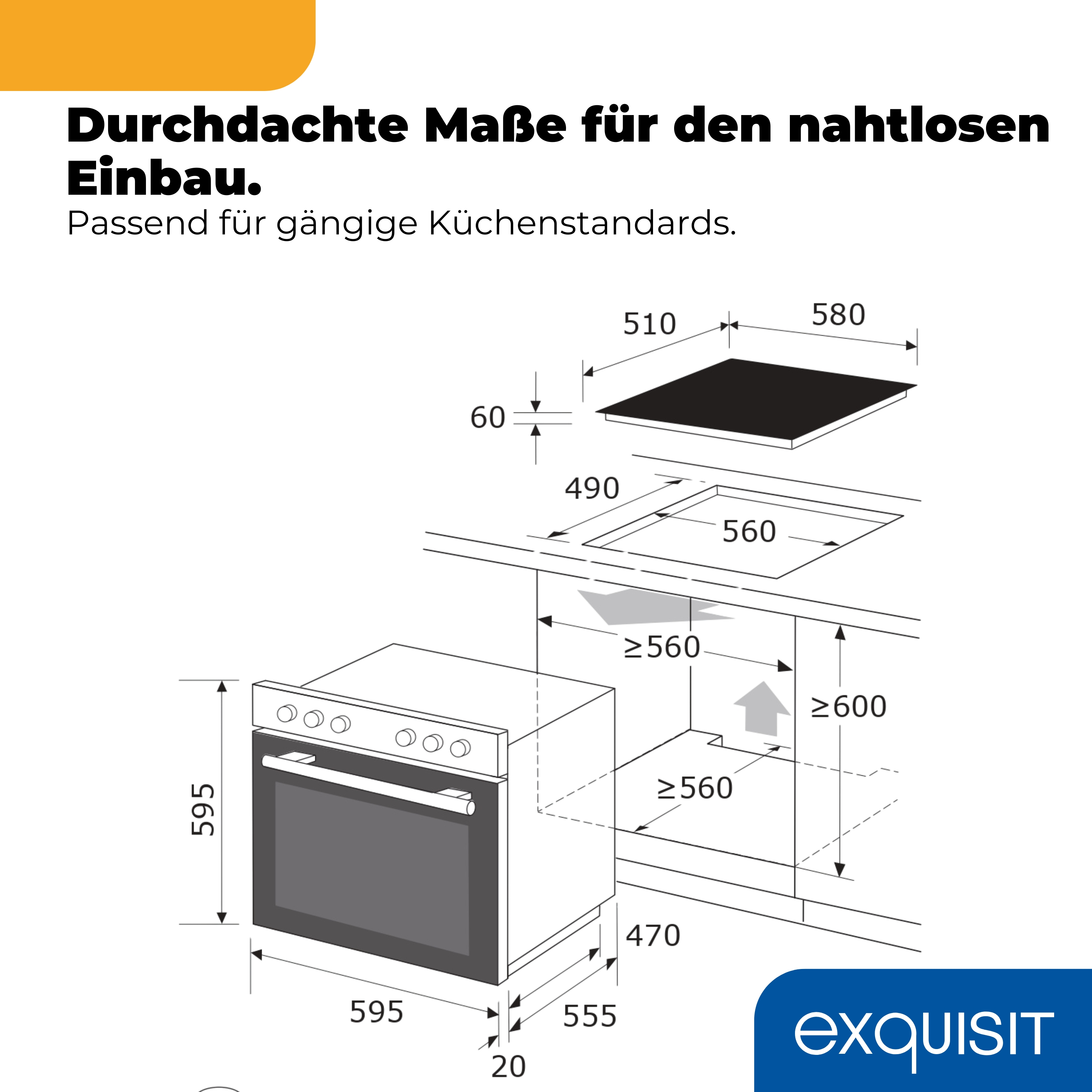 Technische Zeichnung eines Einbauofens und Kochfelds mit Maßen.