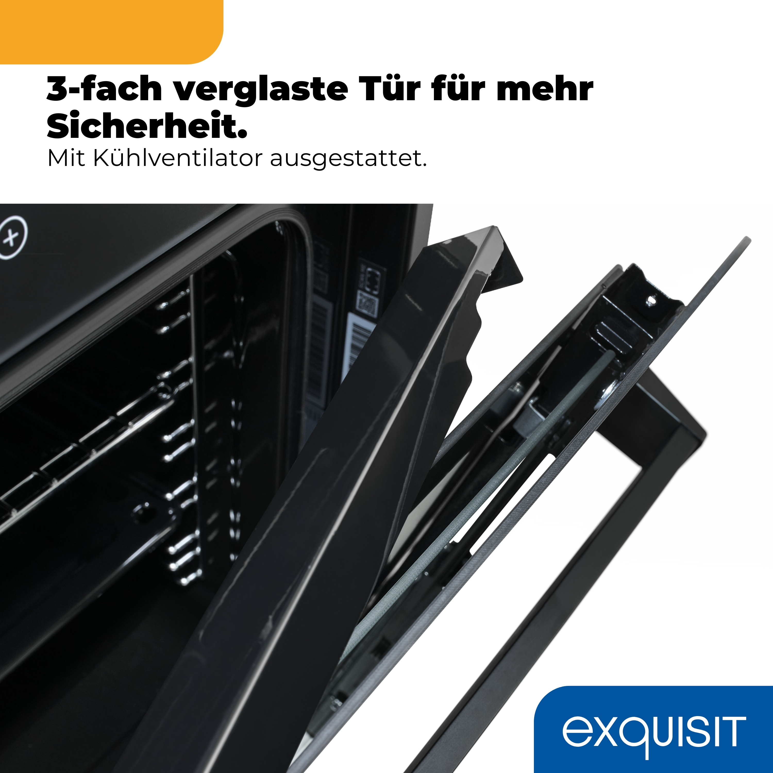 Nahaufnahme eines offenen Ofens mit 3-fach verglaster Tür und dem Exquisit-Logo.
