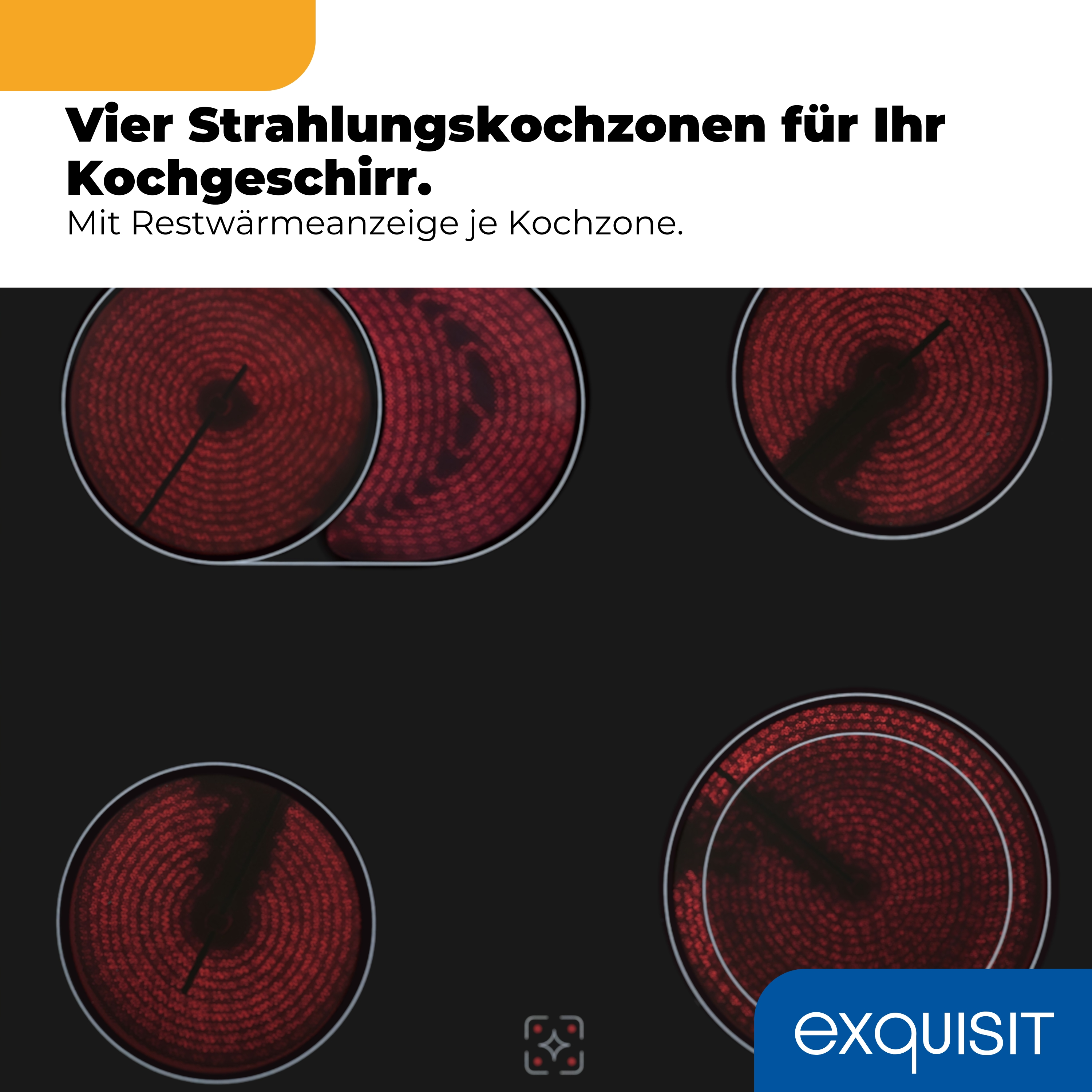 Ein schwarzes Kochfeld mit vier roten Heizzonen und Restwärmeanzeige.