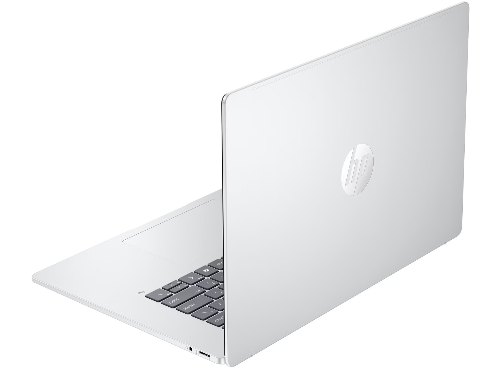 Biały laptop HP z otwartą pokrywą, widoczna klawiatura.