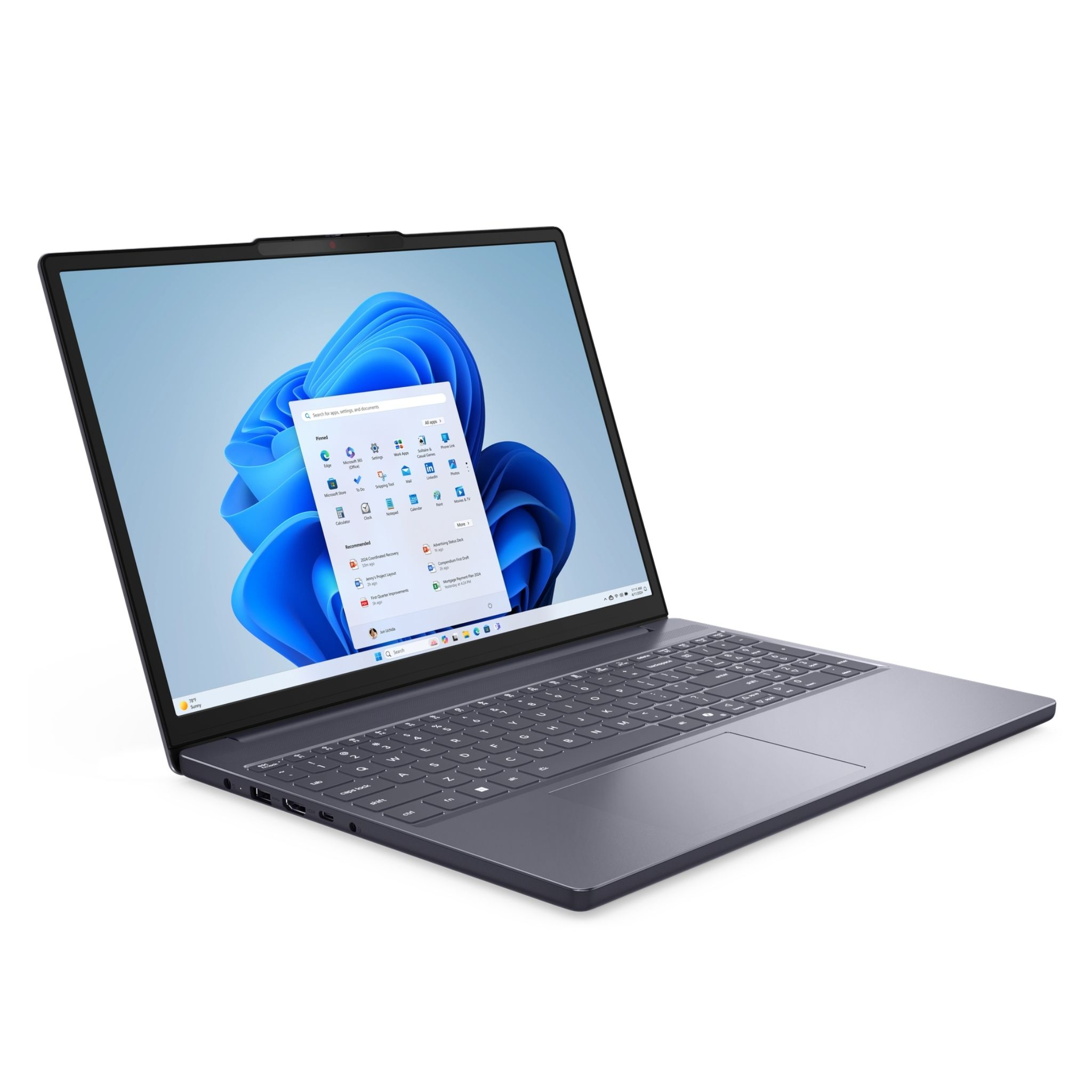 Windows 11 gösteren parlak ekranlı koyu renkli bir dizüstü bilgisayar.