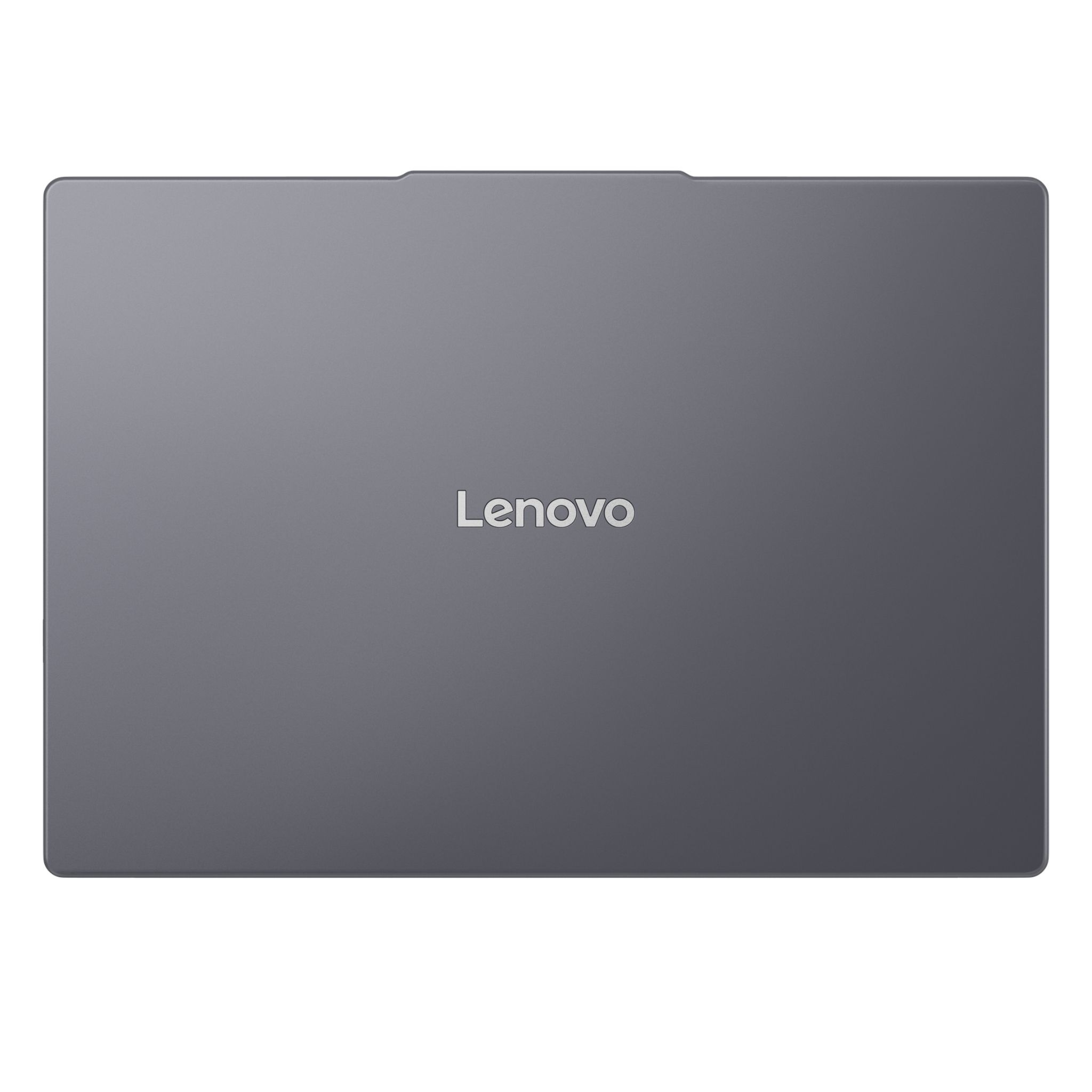 Kapalı, gri Lenovo dizüstü bilgisayar beyaz arka planda.