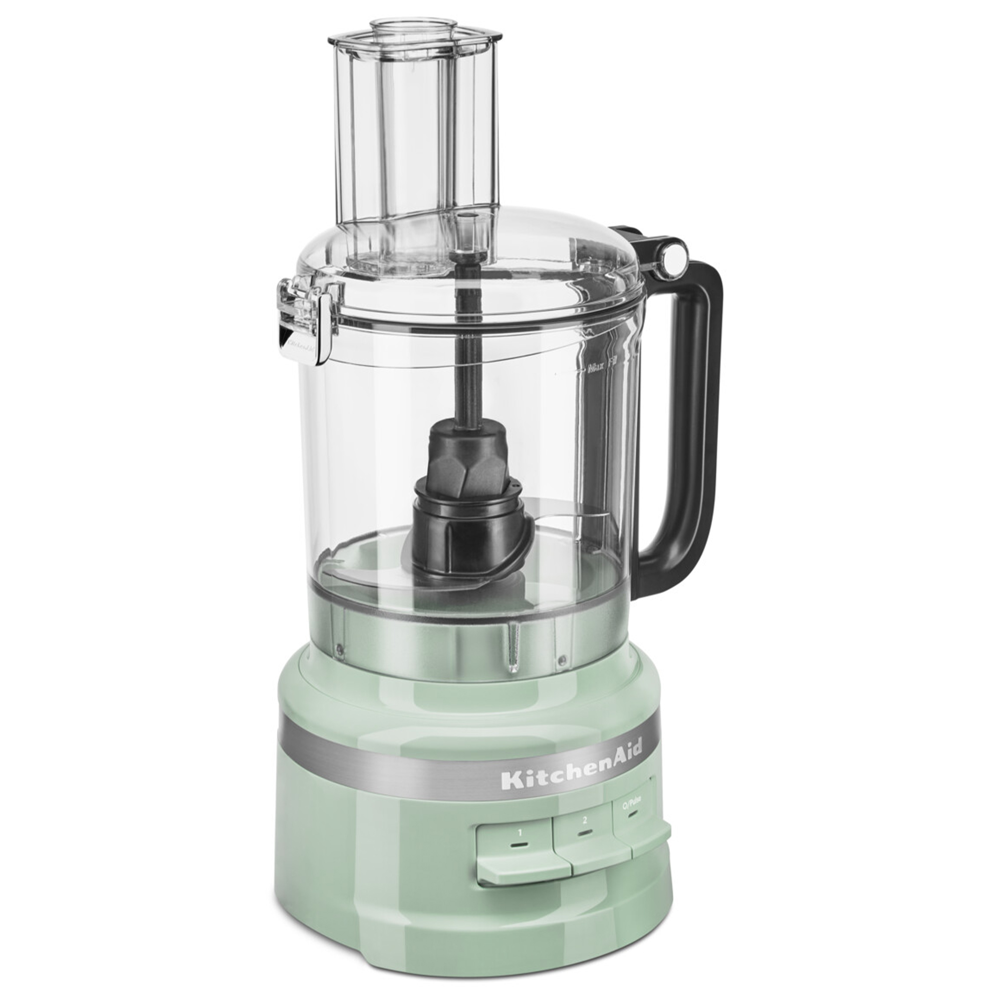 Eine hellgrüne KitchenAid Küchenmaschine mit durchsichtigem Behälter und Deckel, schwarzem Griff und Tasten.