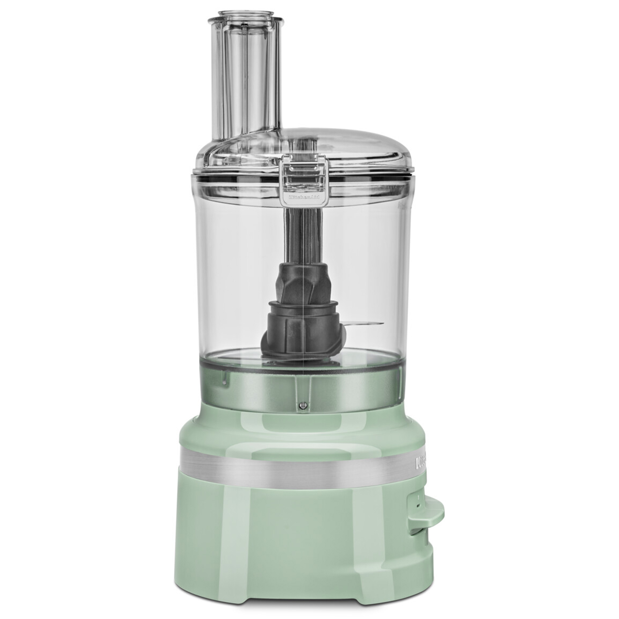Ein hellgrüner Küchenmaschinen-Mixer mit transparentem Behälter und silbernem Band.