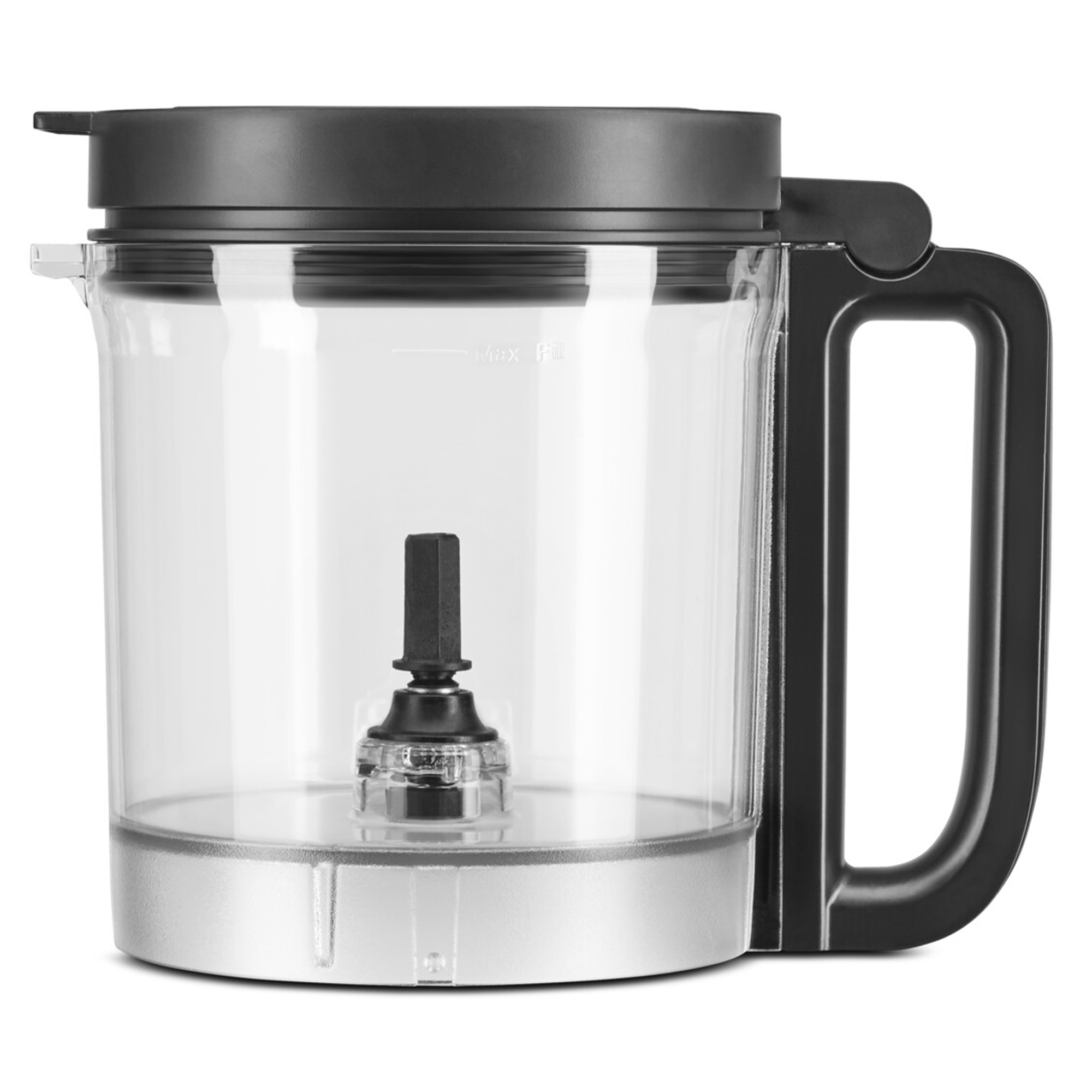 Transparenter Mixerbehälter mit schwarzem Deckel, Griff und Klinge.