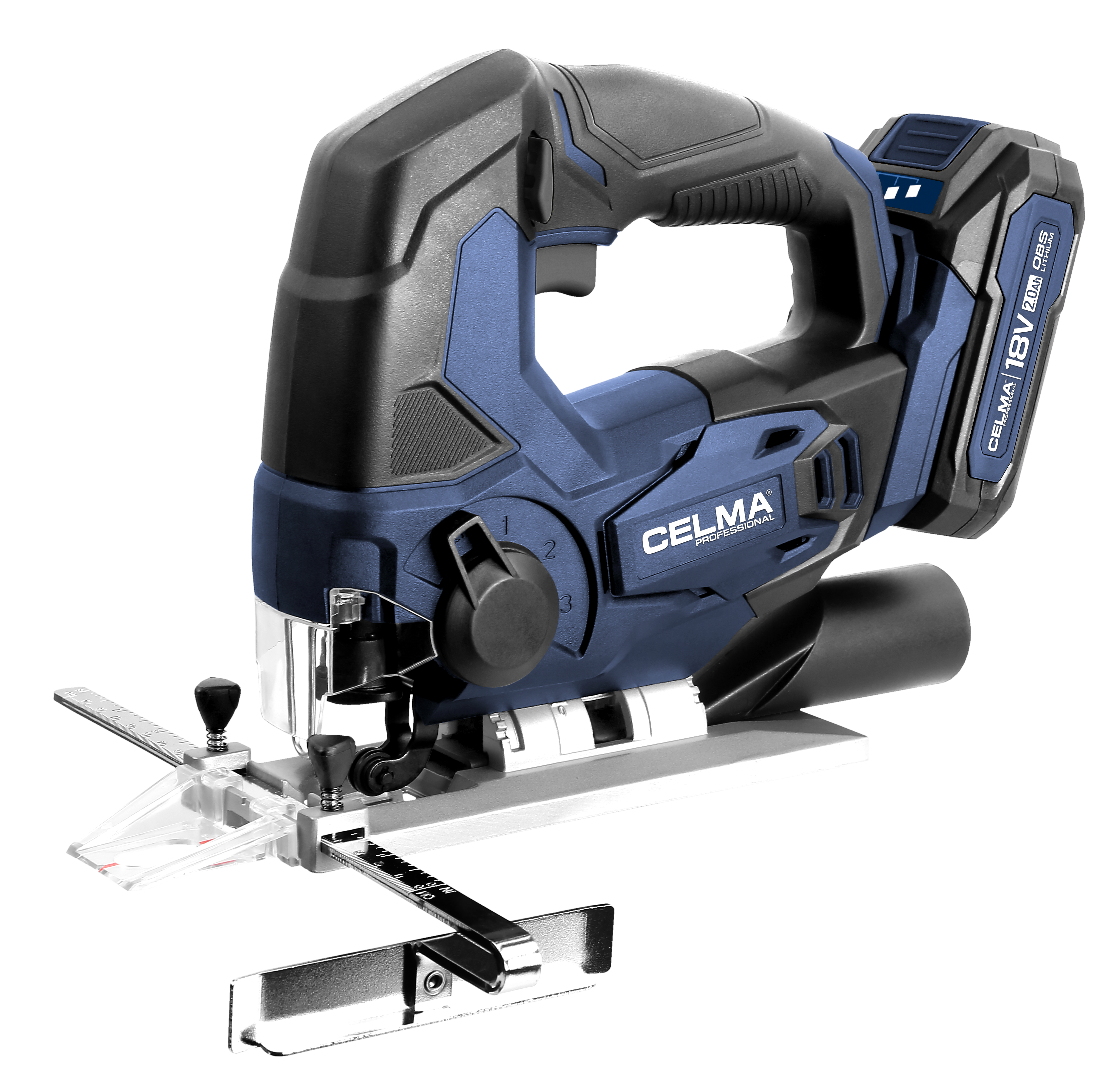 Niebiesko-czarna akumulatorowa wyrzynarka z srebrną stopą i skalą.