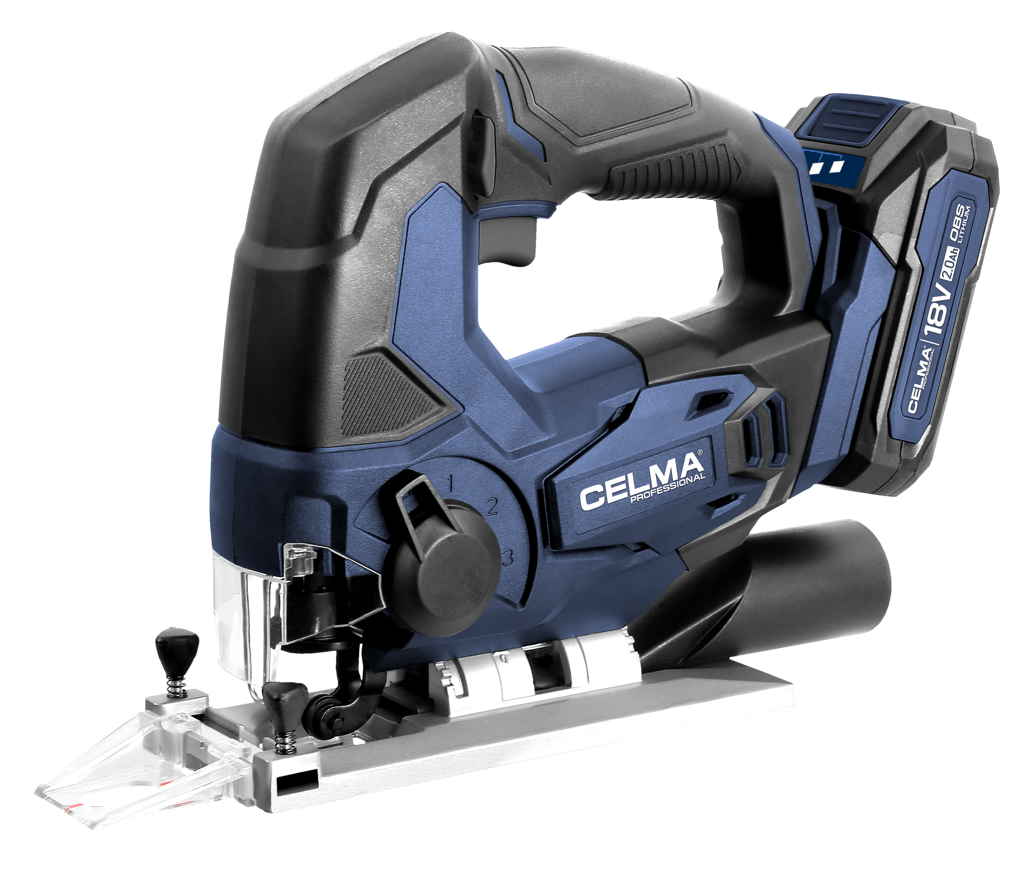 Niebieska i czarna akumulatorowa wyrzynarka z pakietem baterii. Czarny uchwyt.