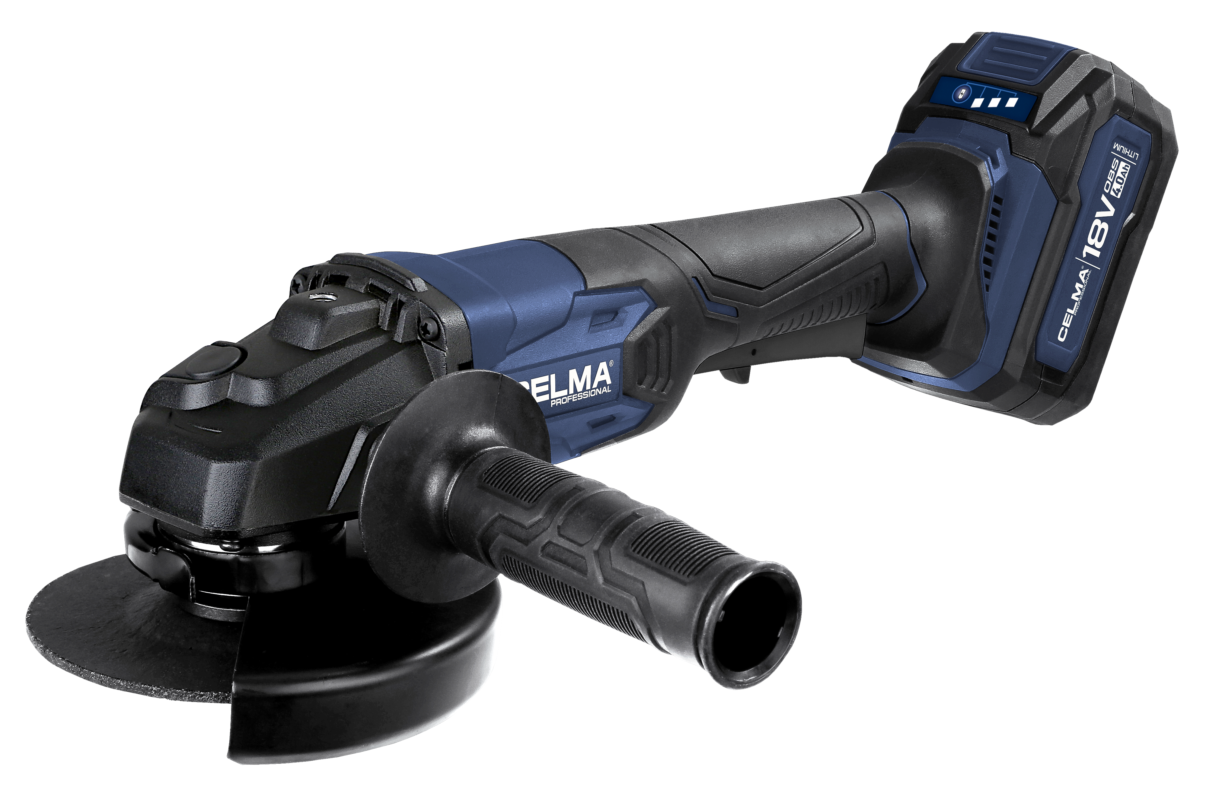 Niebiesko-czarna szlifierka kątowa akumulatorowa z rękojeścią na czarnym tle.