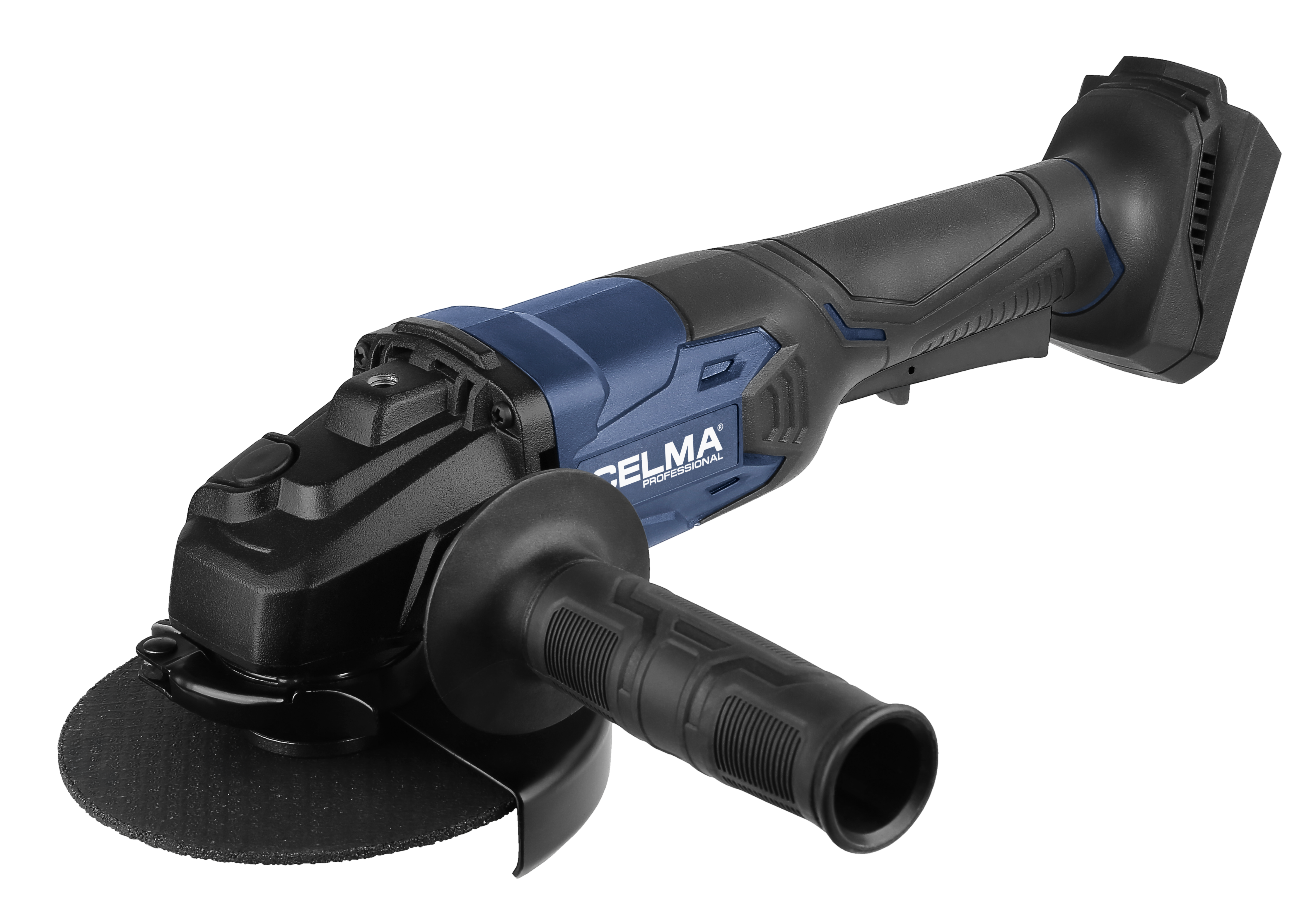 Niebieska i czarna szlifierka kątowa z uchwytem bocznym.