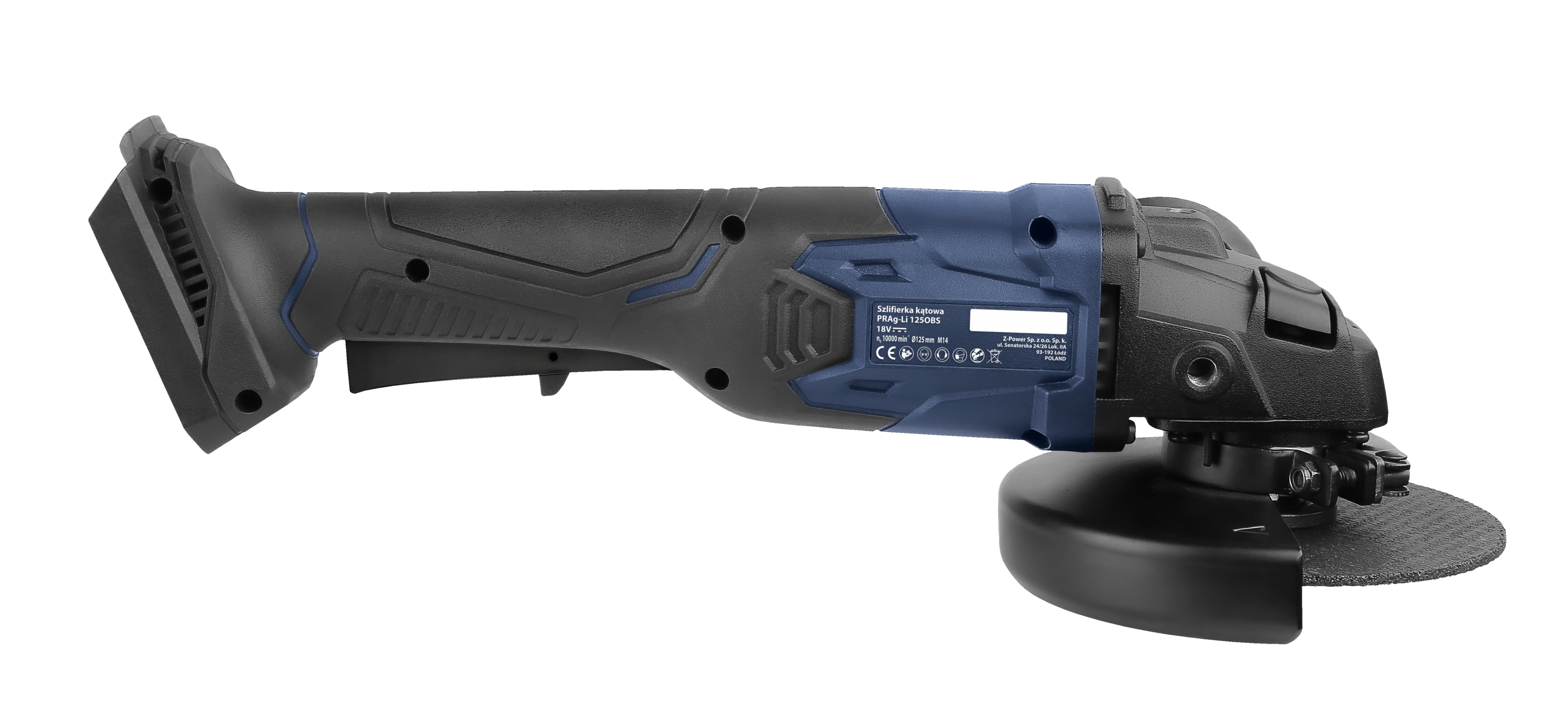 Czarna szlifierka kątowa z niebieskimi akcentami i tarczą.