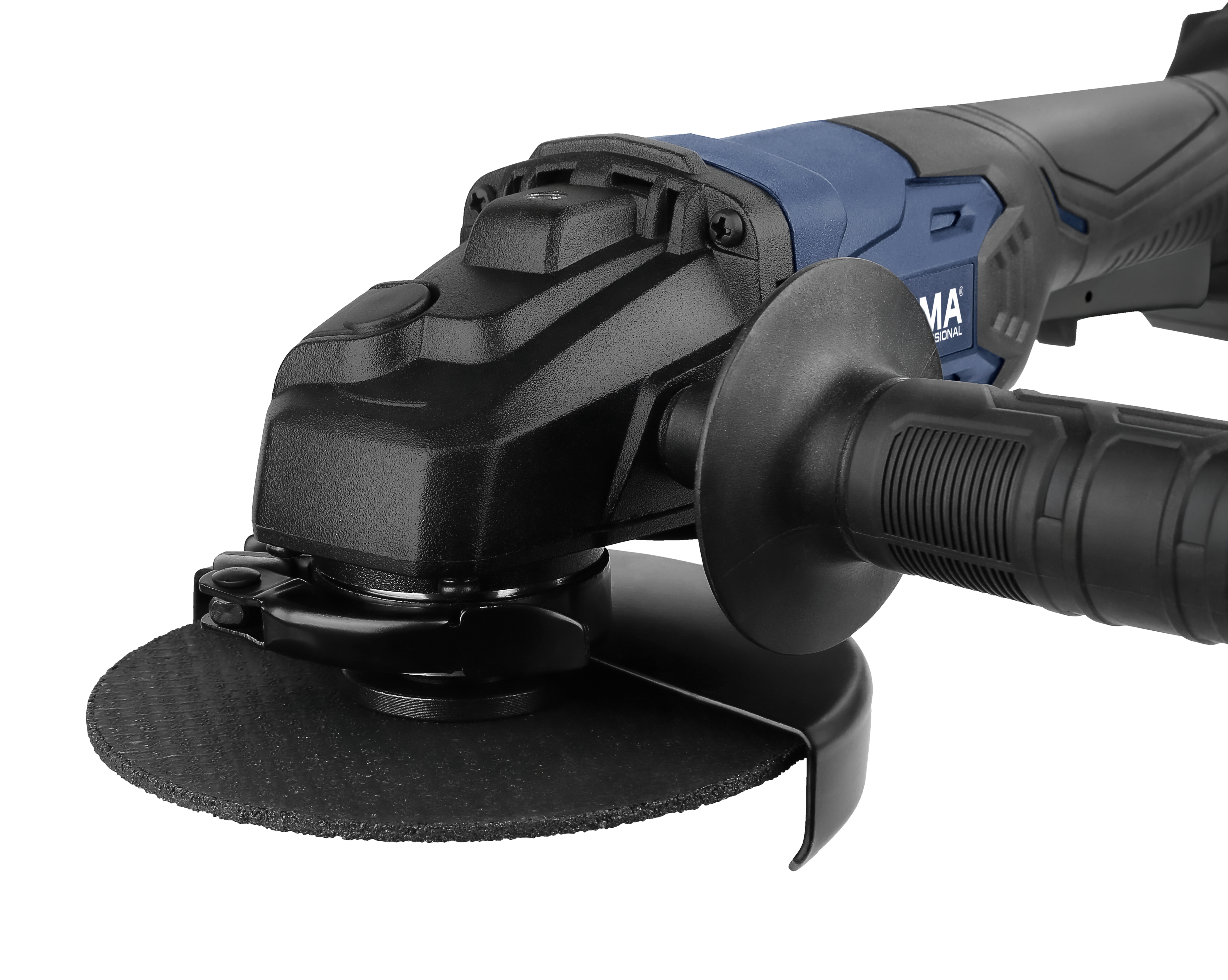 Czarna szlifierka kątowa z niebieskim korpusem i rękojeścią pomocniczą na czarnym tle.