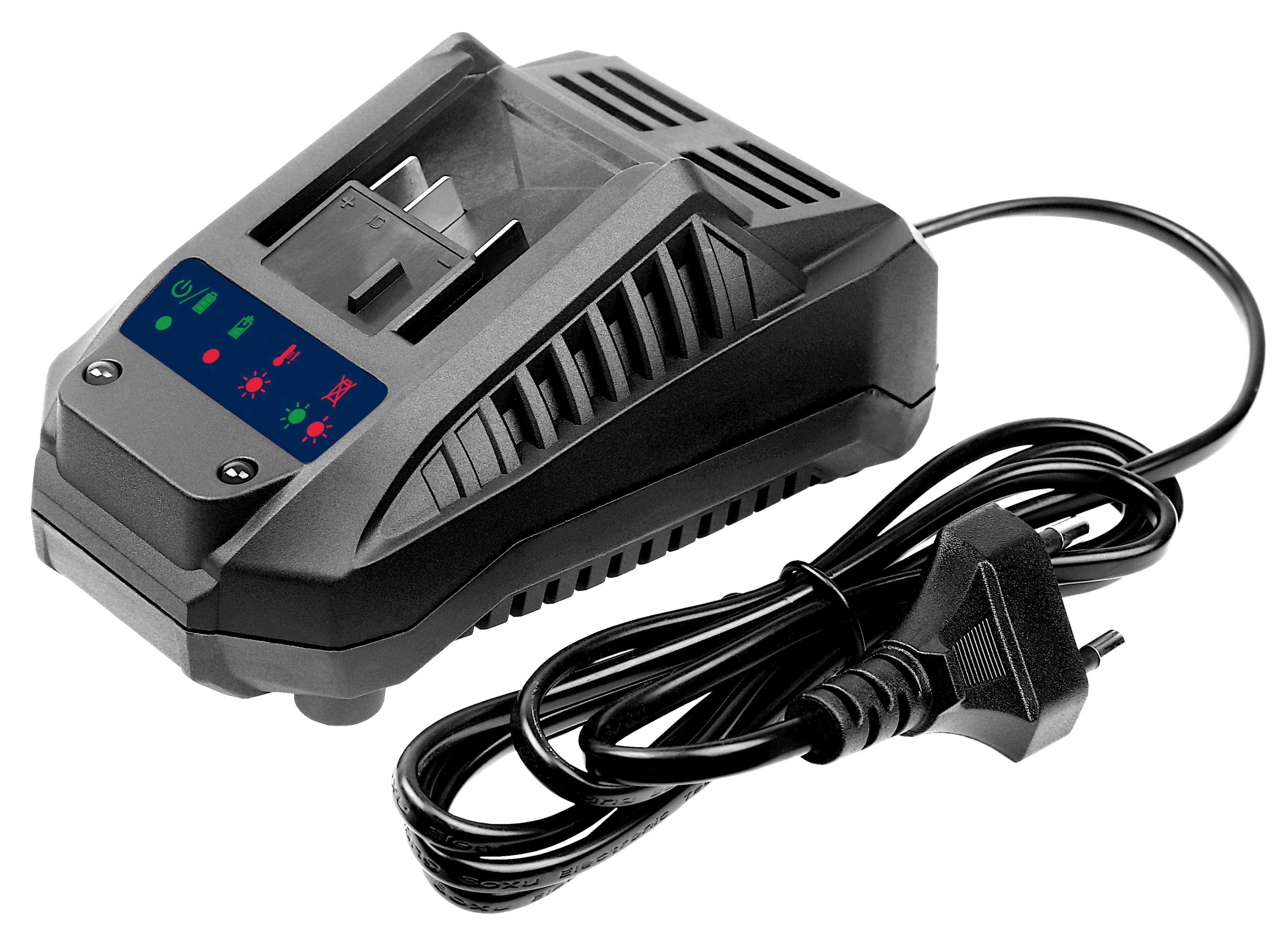 Szara ładowarka akumulatorowa z kablem i wtyczką, lampki wskaźnikowe z przodu.