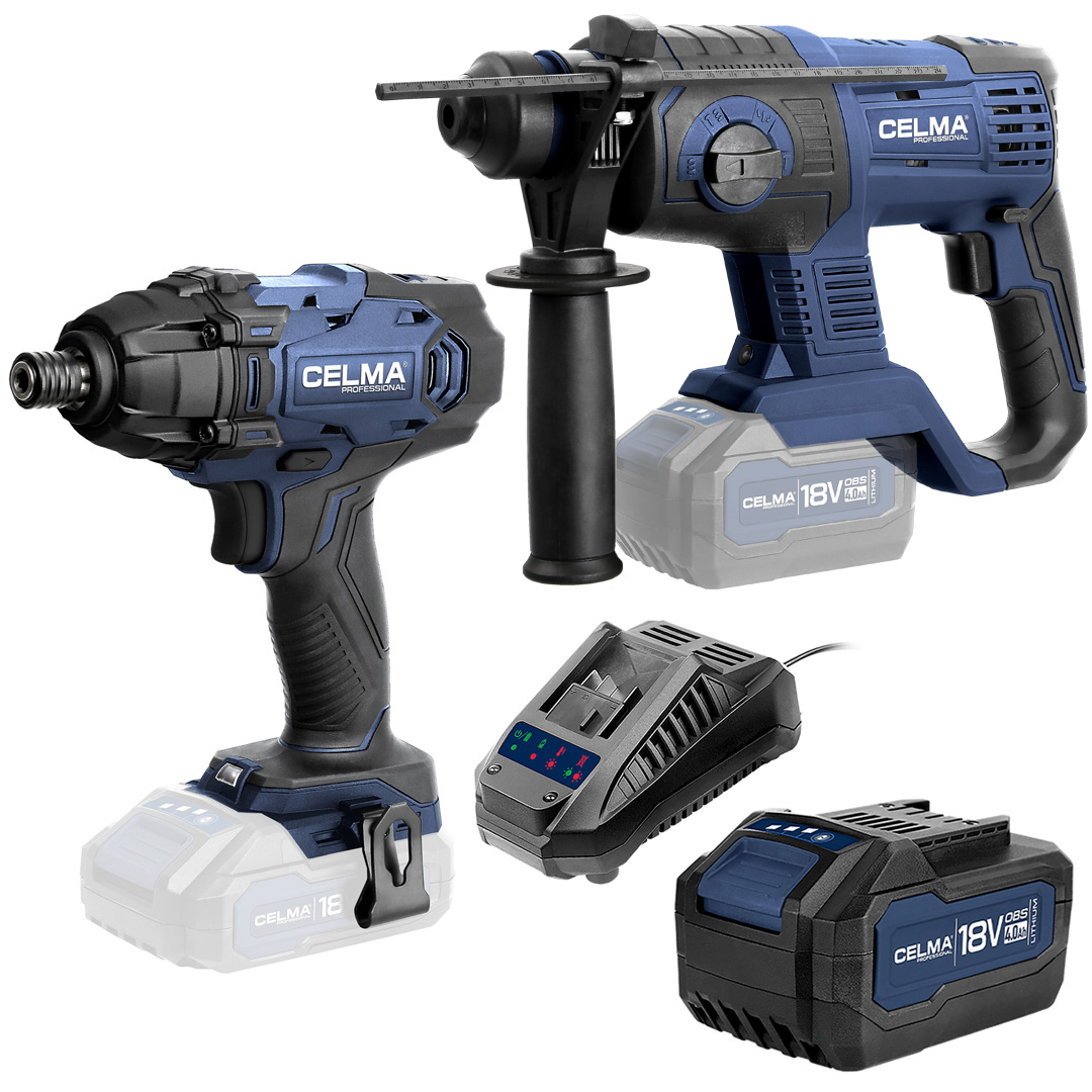 Dwa niebiesko-czarne wiertarko-wkrętarki akumulatorowe, ładowarka i akumulator.