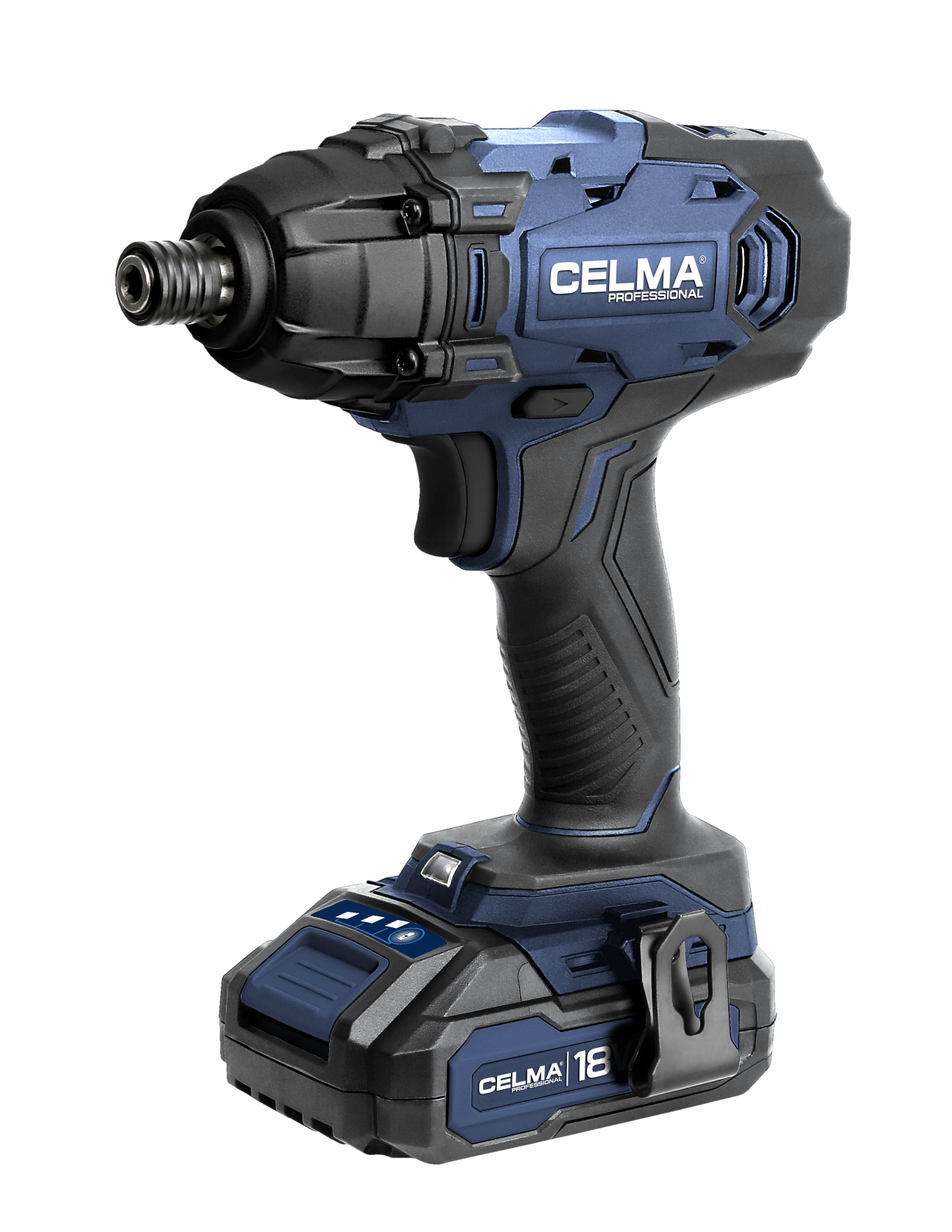 Niebiesko-czarny klucz udarowy CELMA z akumulatorem na czarnym tle.
