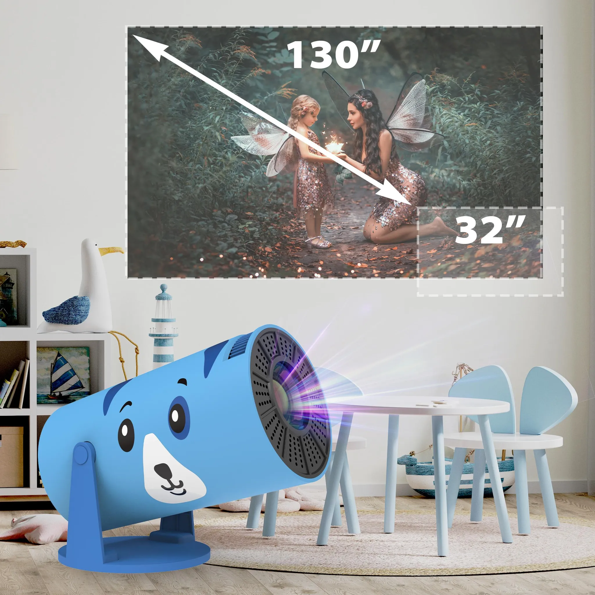 Ein blauer Projektor wirft ein Bild von zwei Feen auf einen Bildschirm.