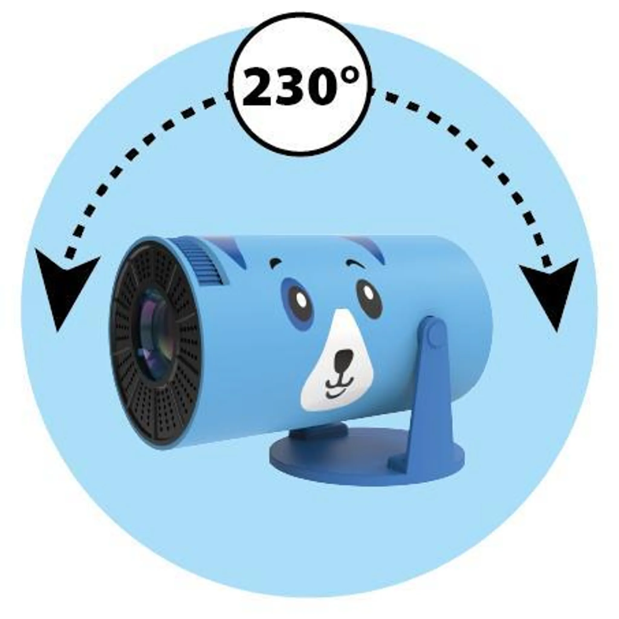 Ein blauer Projektor in Bärenform mit 230 Grad Drehbereich.