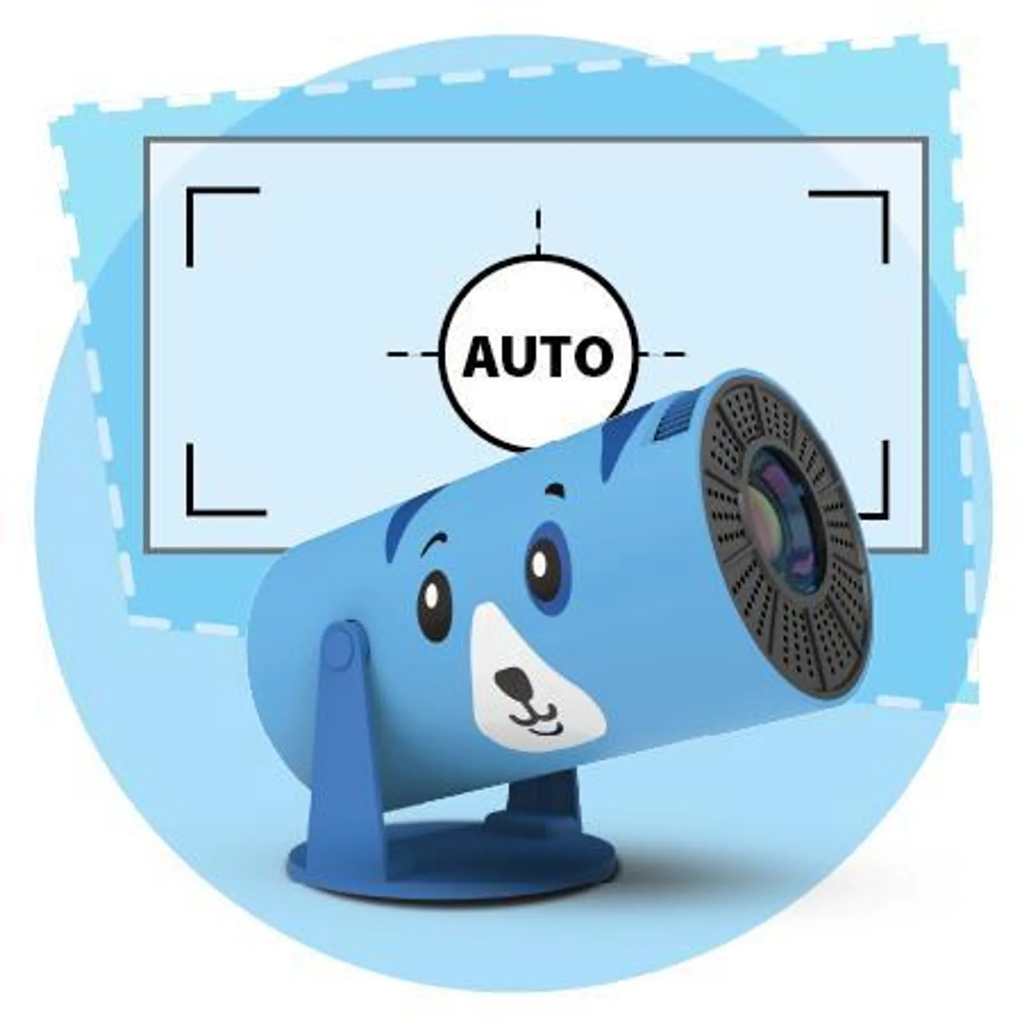 Blauer Projektor mit Katzengesicht und dem Wort AUTO in einem Kreis.