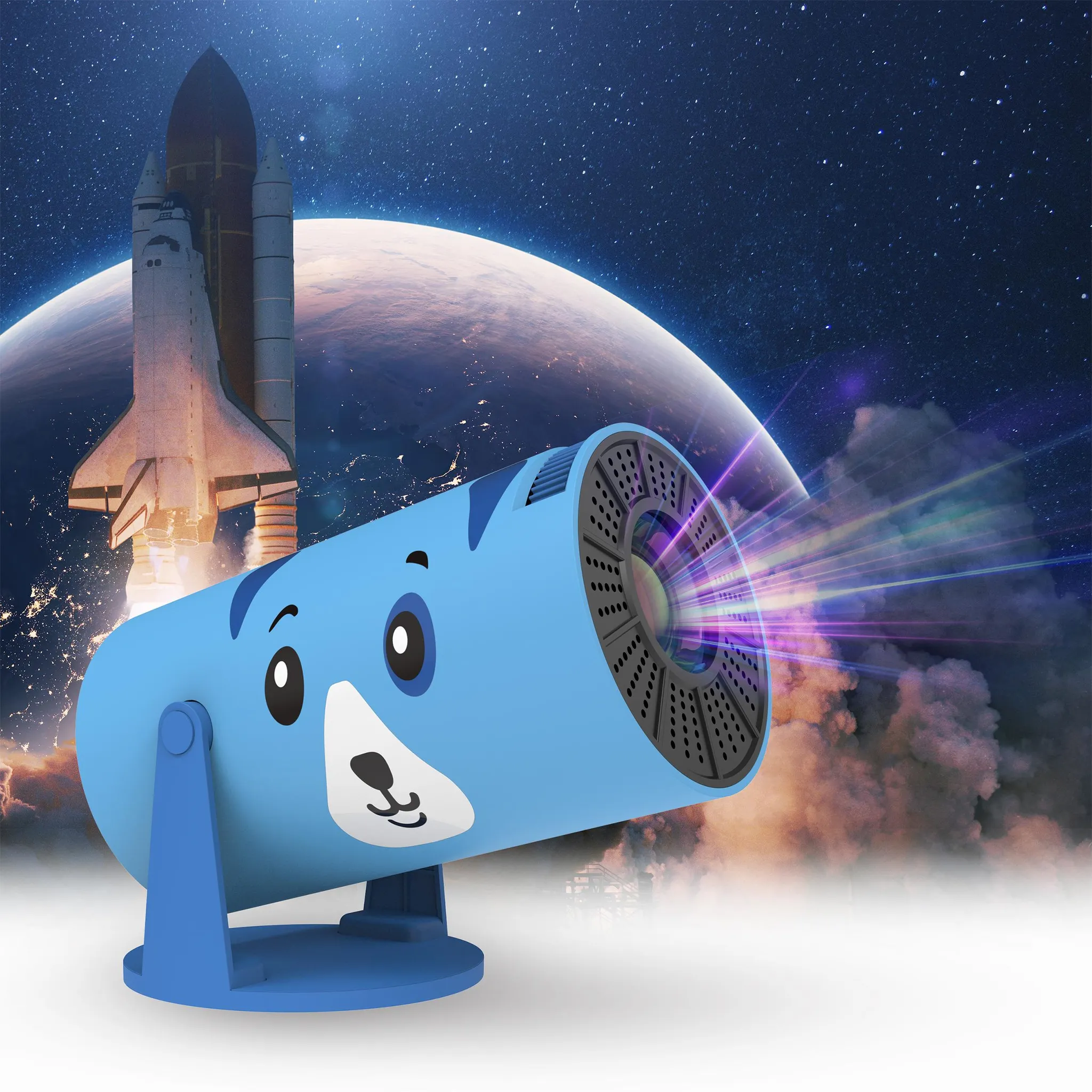 Ein blaues Projektorgerät in Tierform schießt Lichtstrahlen auf einen startenden Space Shuttle und den Planeten Erde.