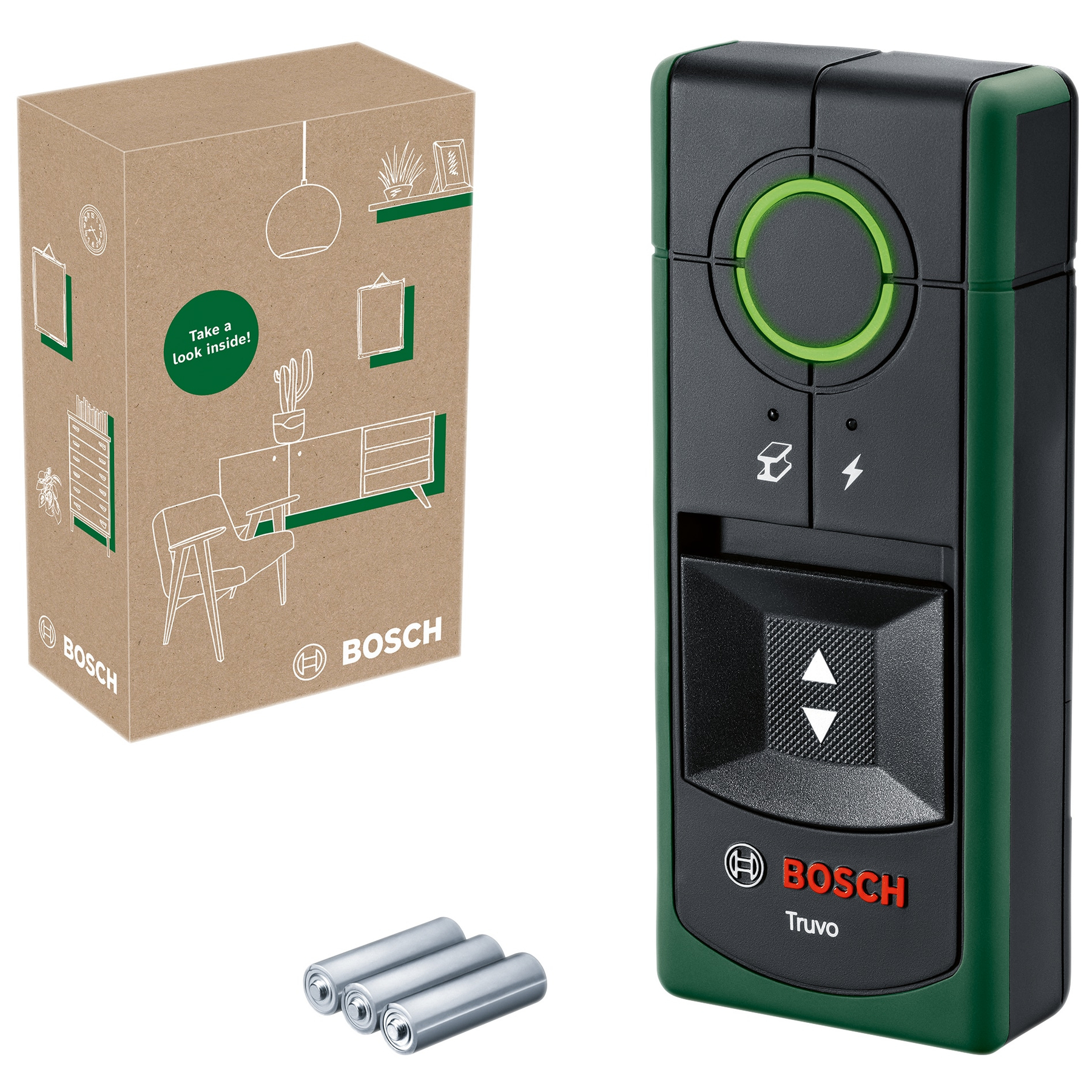 Bosch Truvo Detektor mit Verpackung und Batterien.