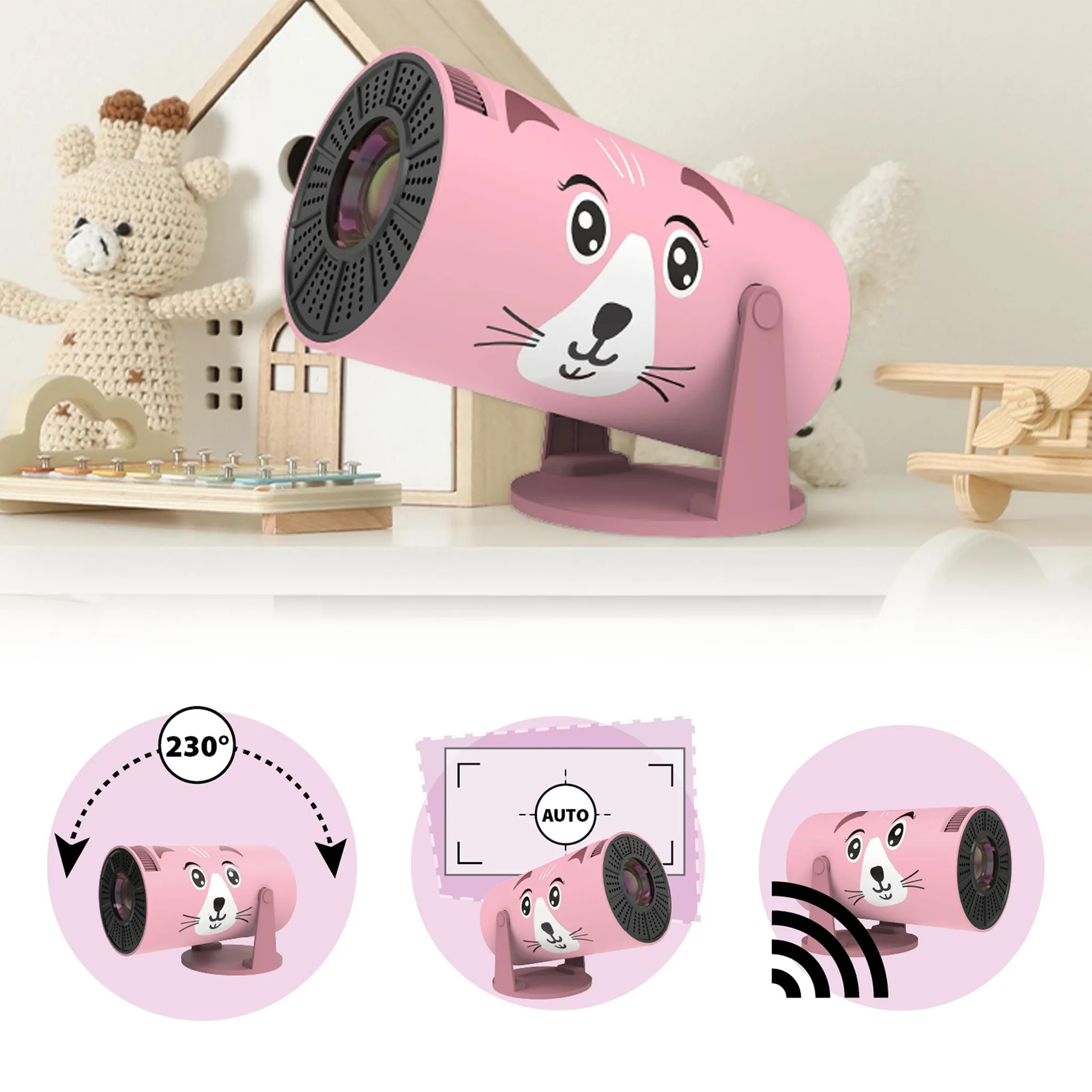 Ein rosa Projektor in Katzenform mit Spielzeug im Hintergrund.