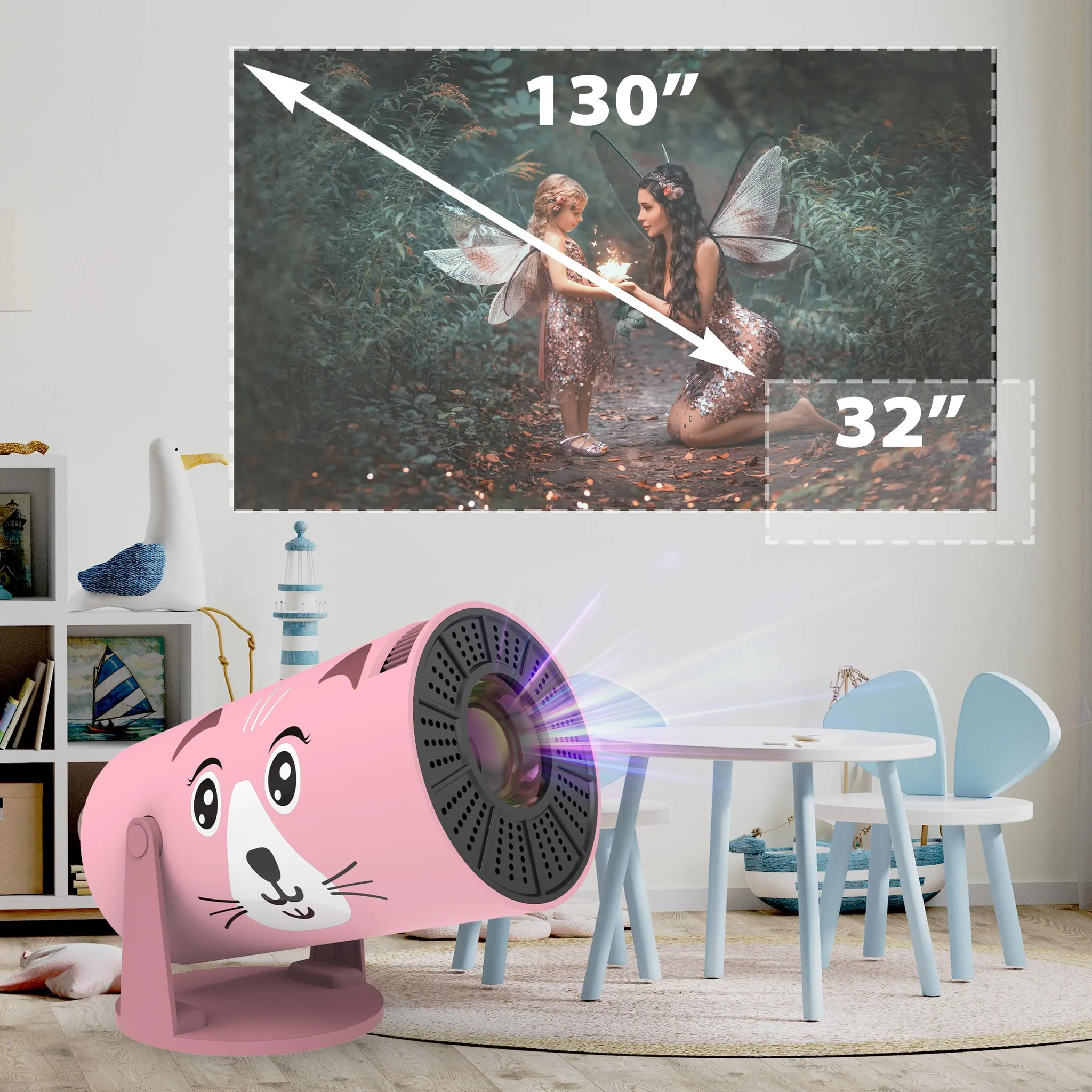 Ein rosa Katzenprojektor wirft ein Bild von zwei Feen auf eine Leinwand.