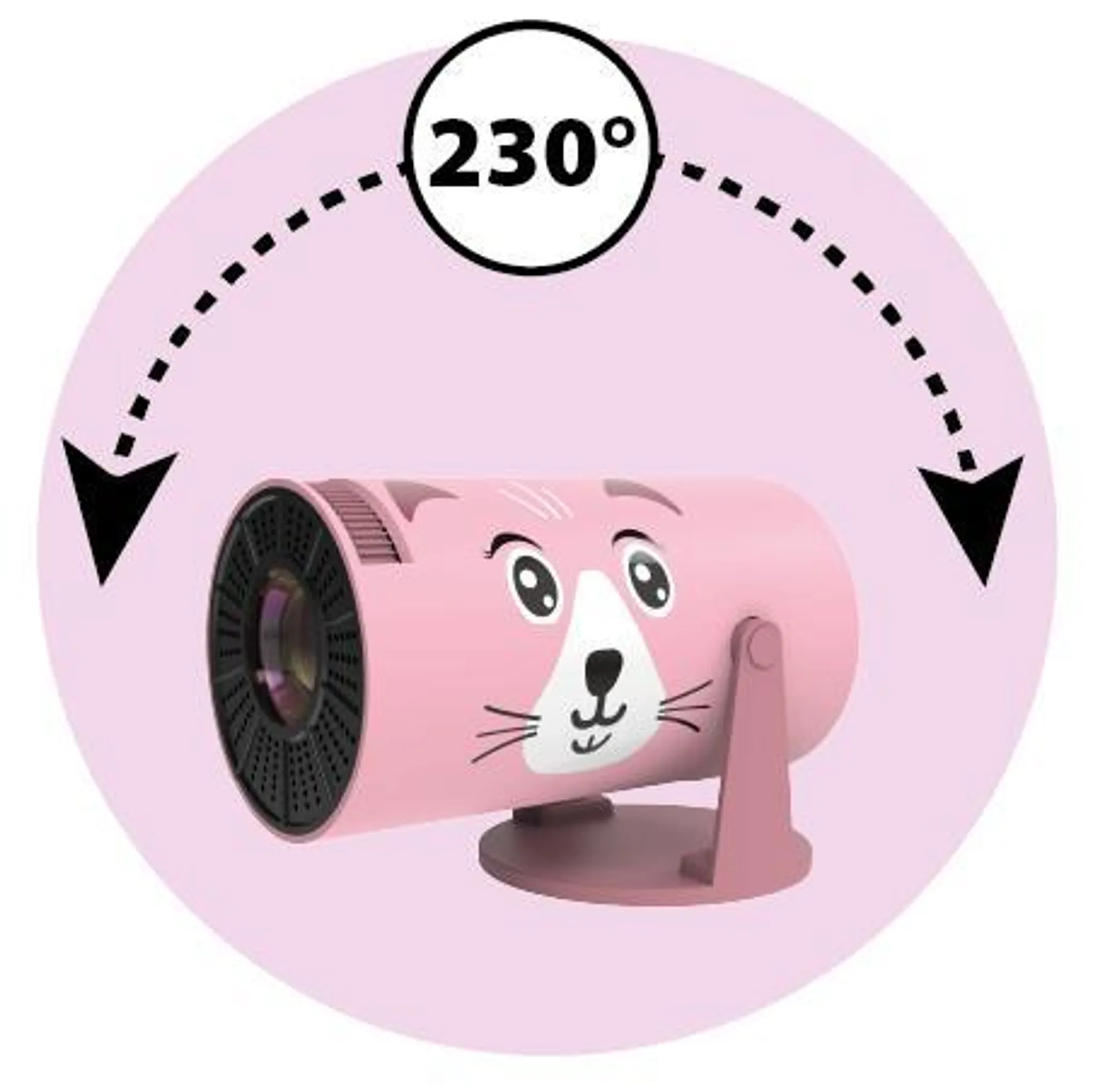 Ein rosafarbener Sternenprojektor in Katzenform mit 230-Grad-Drehung.