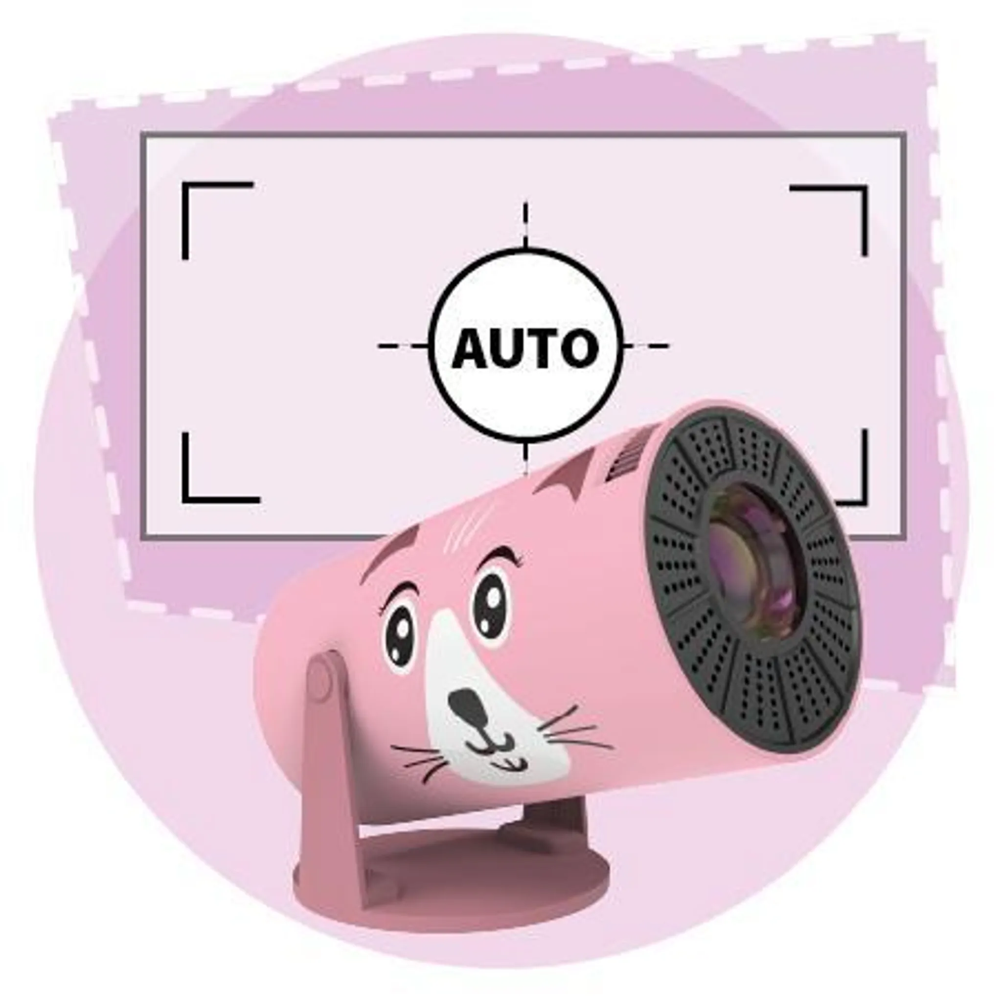 Ein rosafarbener Projektor in Katzenform mit "AUTO"-Anzeige.