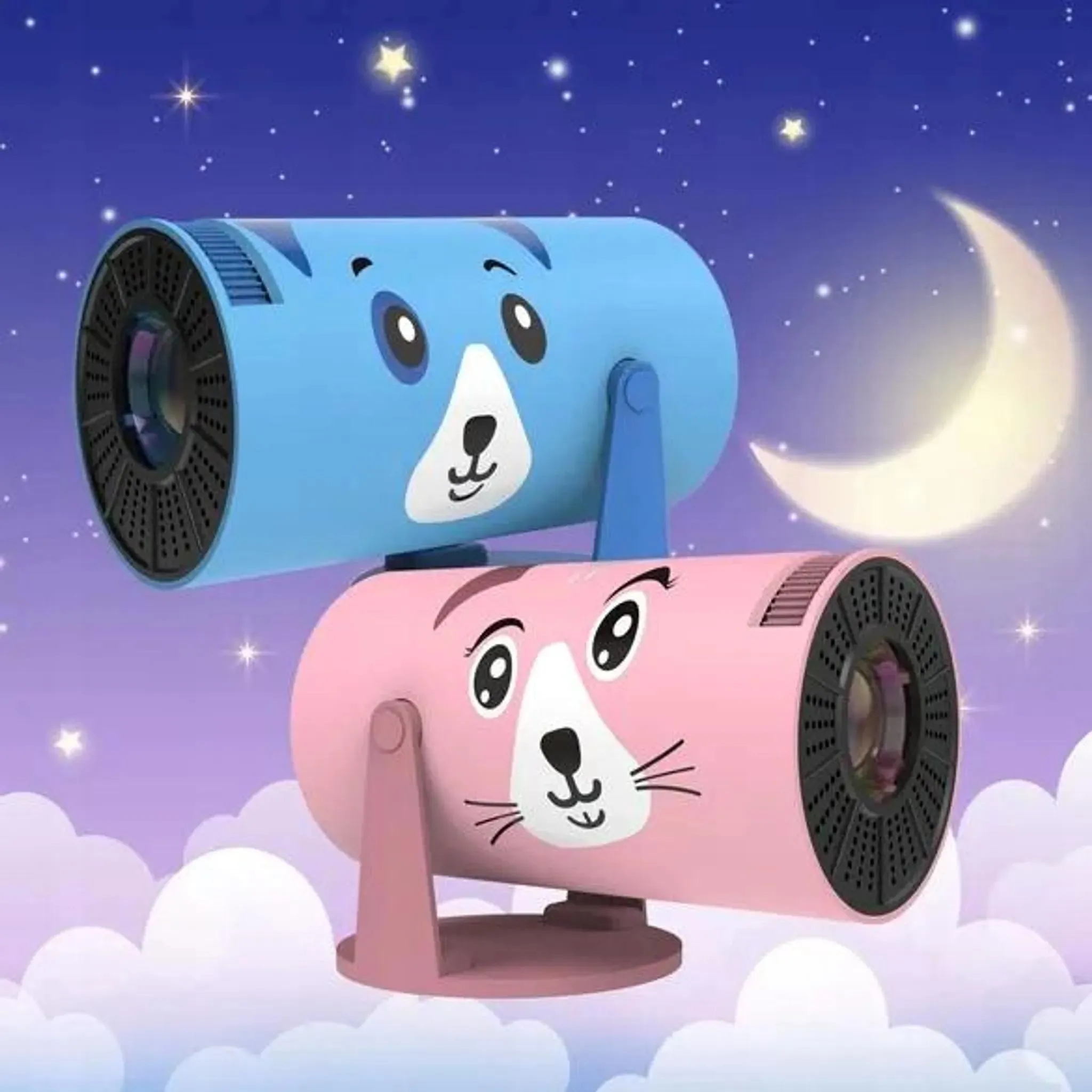 Zwei niedliche Projektoren, blau und rosa, mit Tiergesichtern vor einem Nachthimmel.
