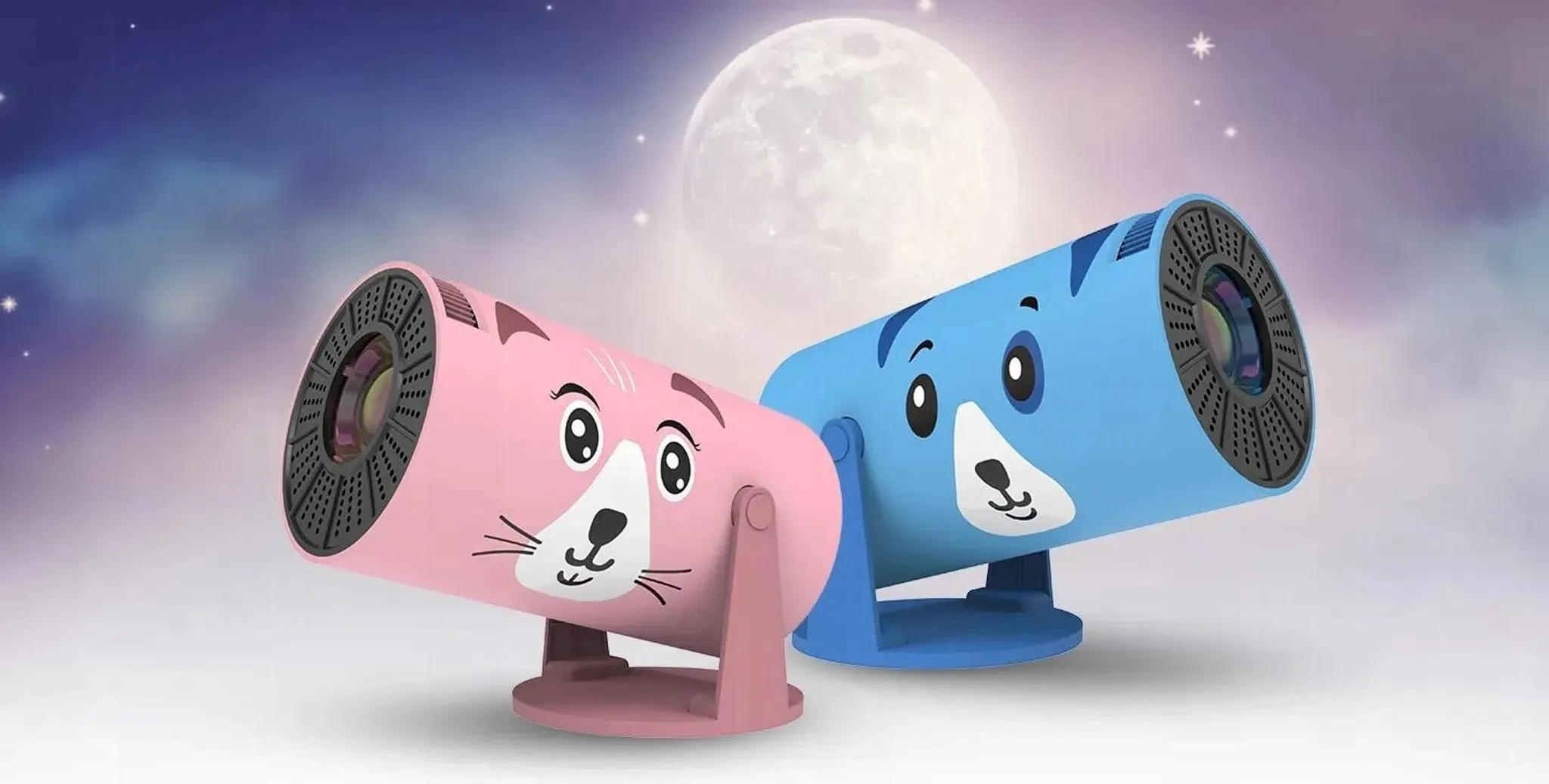 Zwei niedliche Sternenprojektoren, eine rosa Katze und ein blauer Hund, vor einem Mond und Sternen.