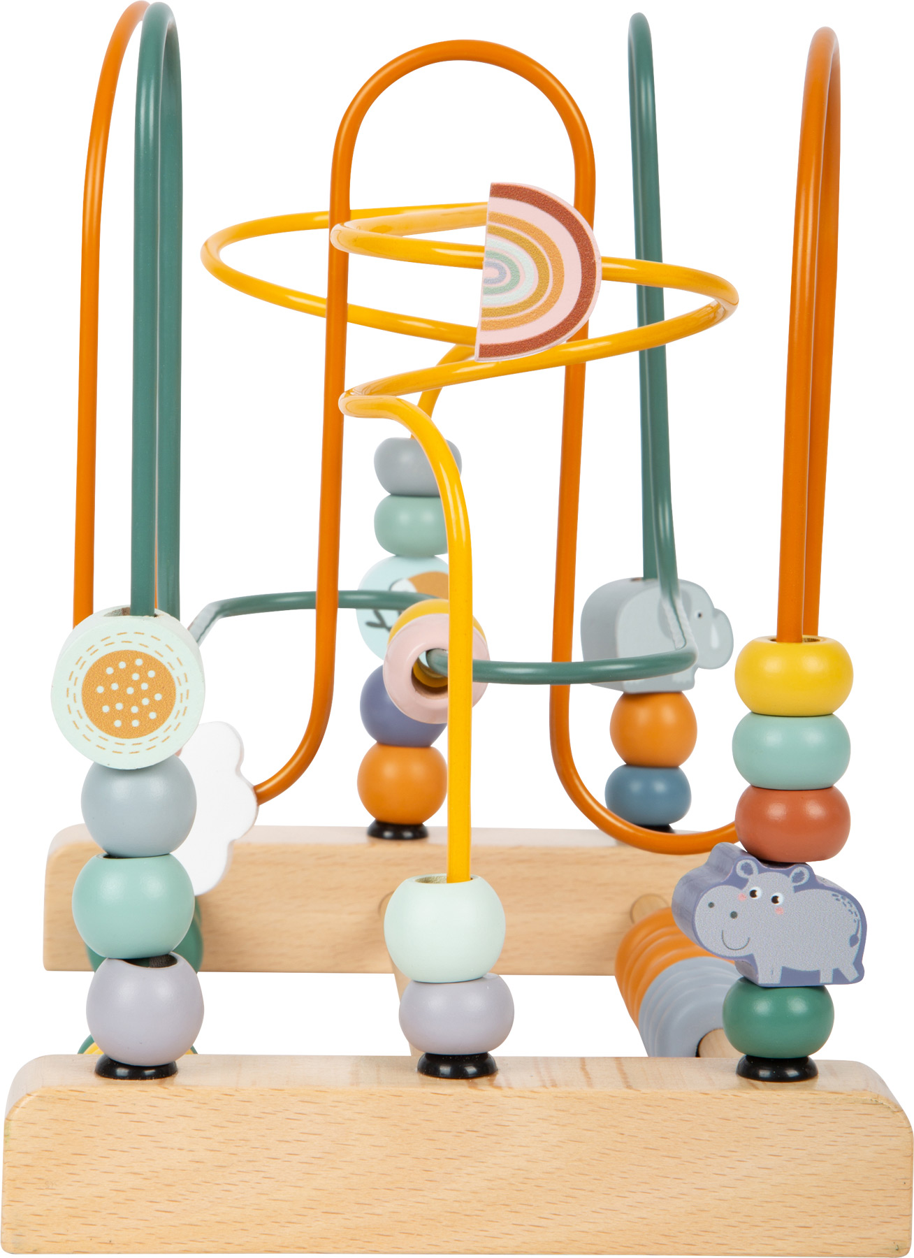 Holzspielzeug mit bunten Perlen, Elefant, Nilpferd und Regenbogen.