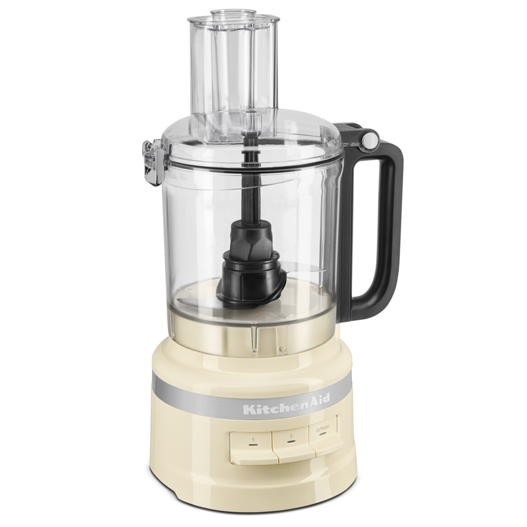 Eine cremefarbene Küchenmaschine mit transparentem Behälter und schwarzem Griff.