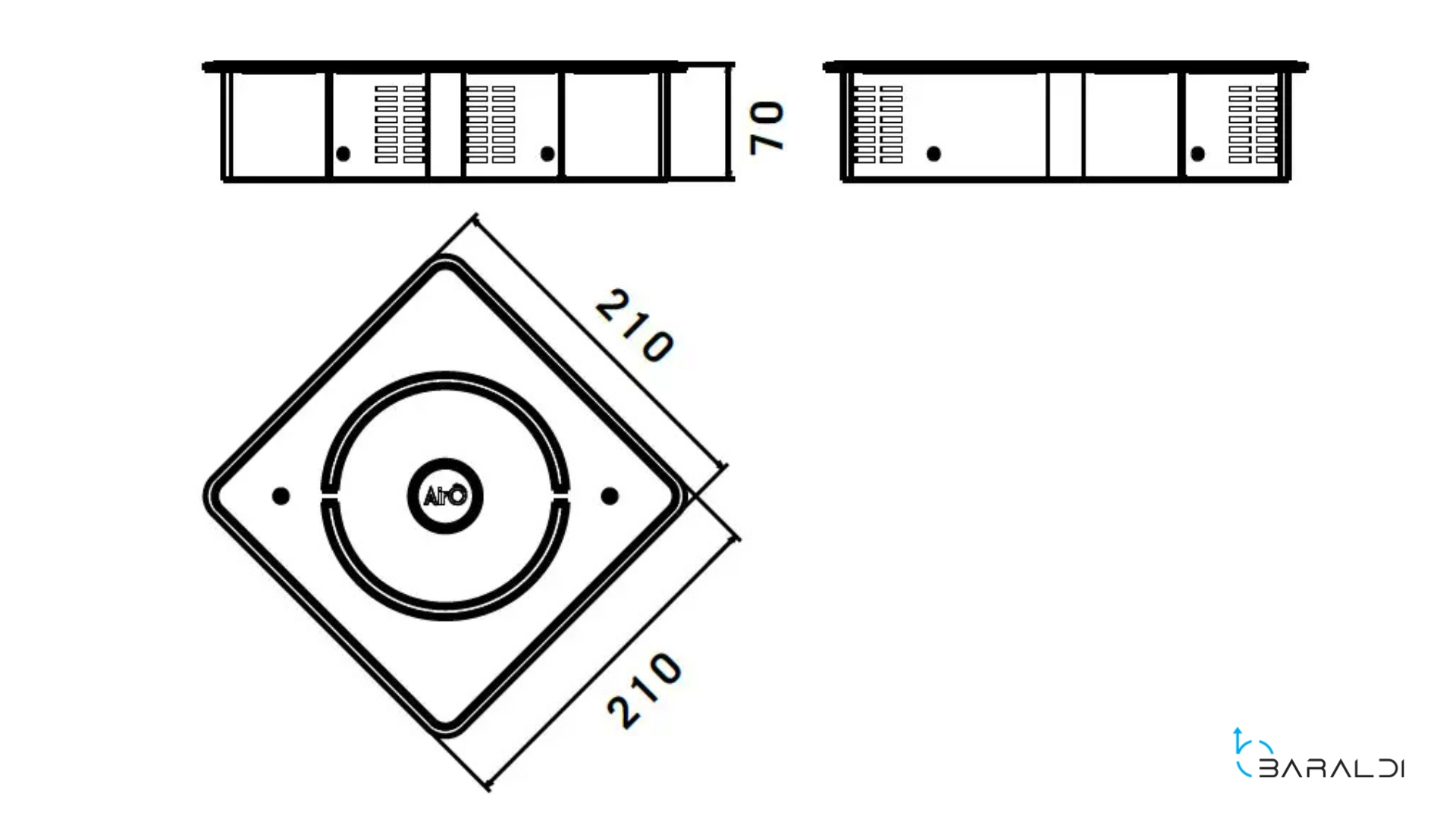 Disegno tecnico di un diffusore quadrato con dimensioni.