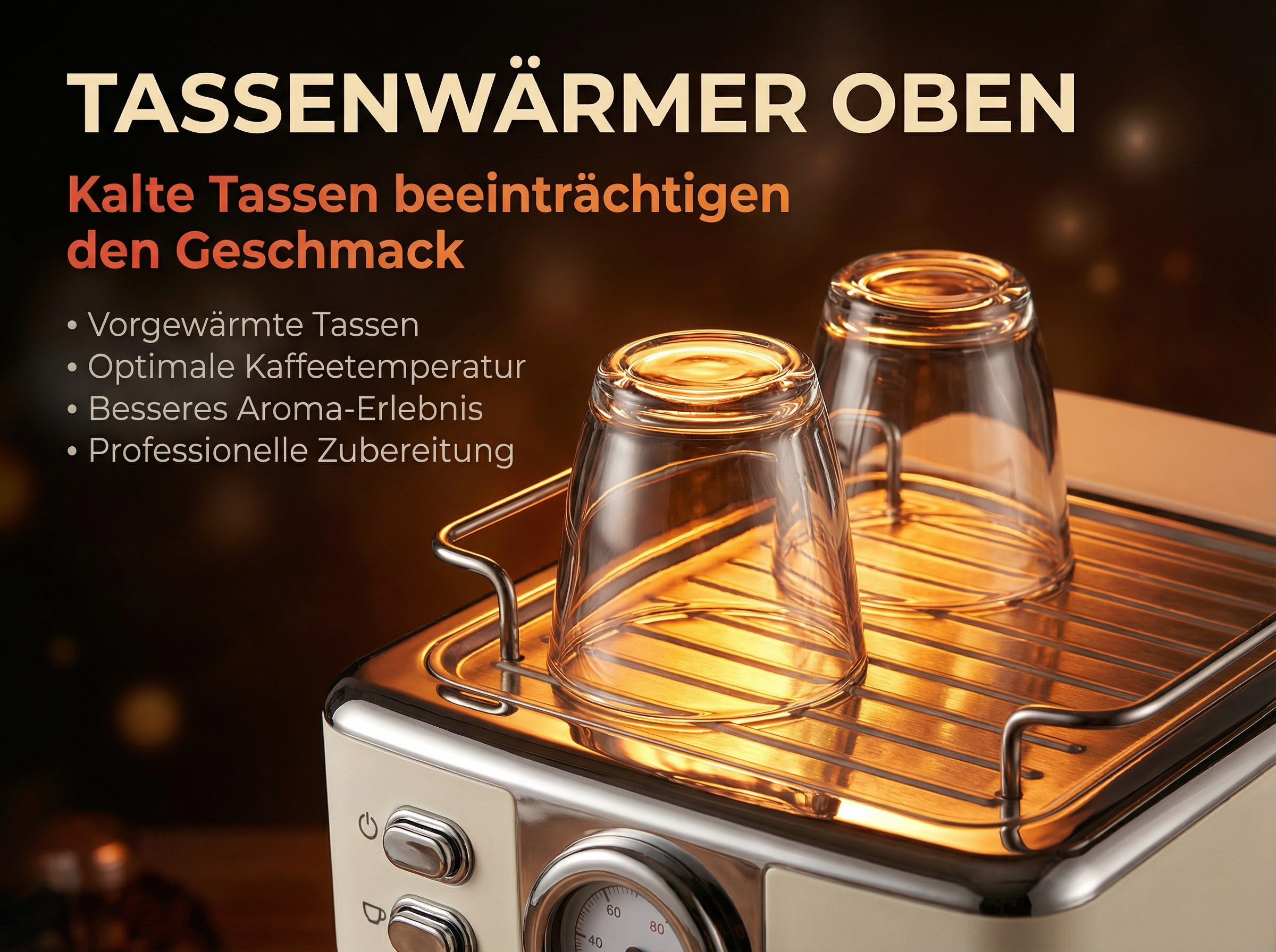 Zwei Glasbecher stehen auf einem cremefarbenen Tassenwärmer mit Metallgitter.