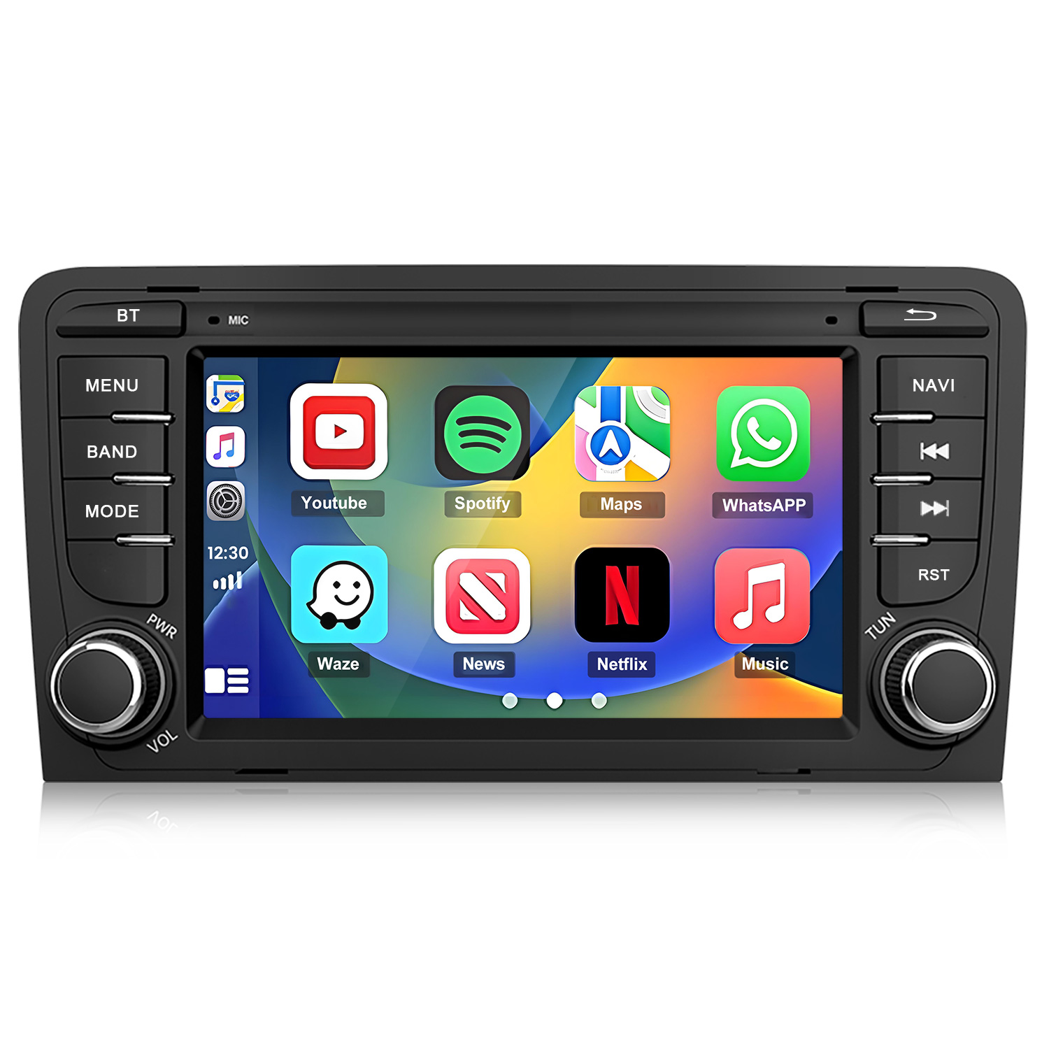 Una pantalla táctil de radio de coche muestra iconos de apps: YouTube, Spotify, Maps, WhatsApp, Waze, News, Netflix, Music.