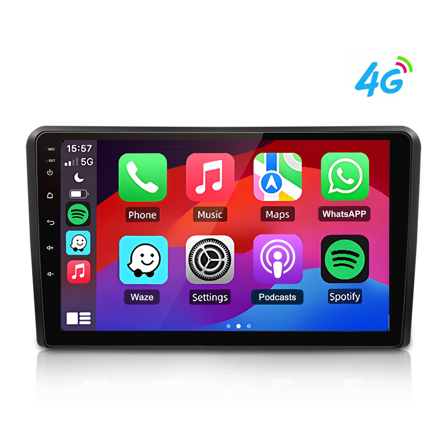 Schermo autoradio mostra icone app: Telefono, Musica, Mappe e WhatsApp.