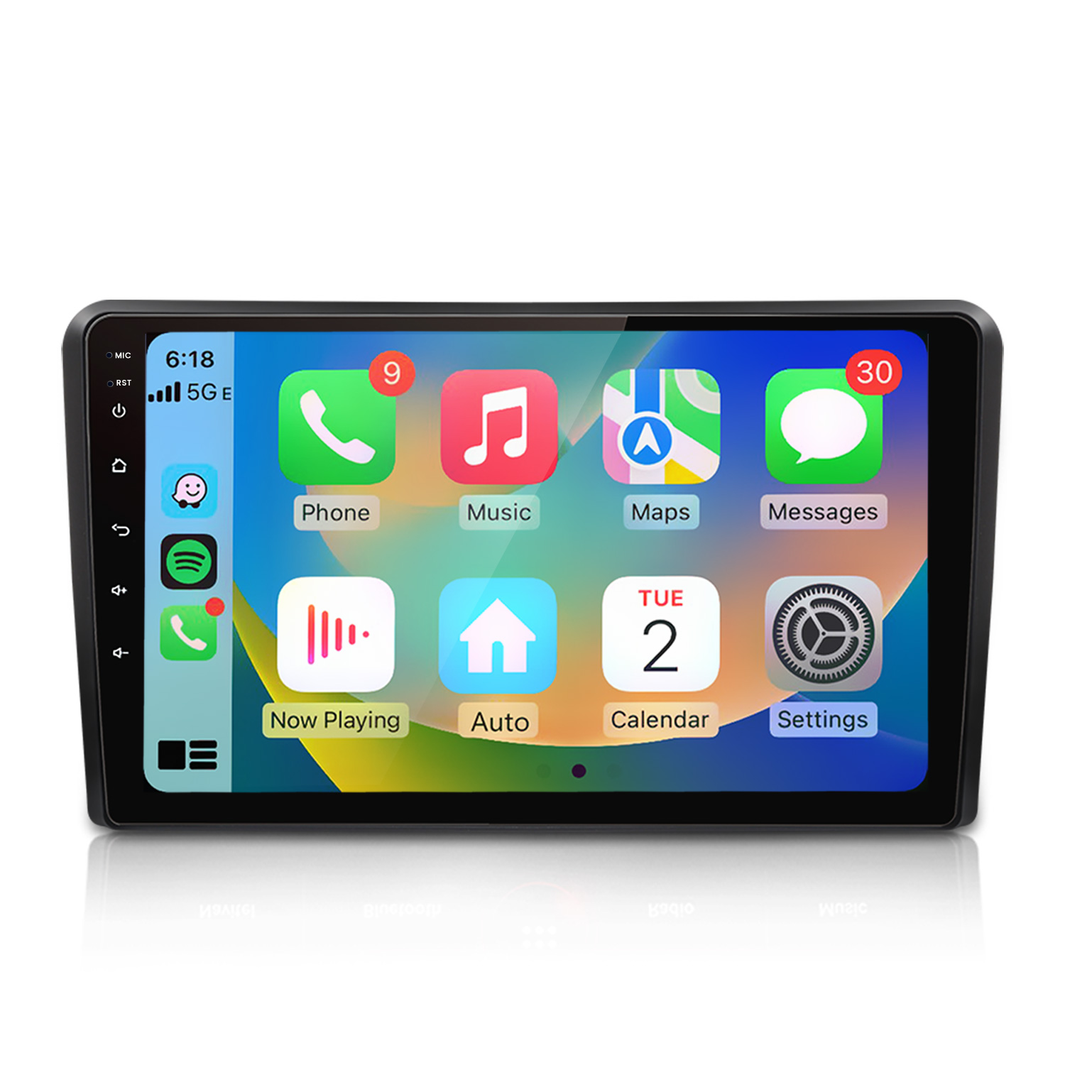 Schermo autoradio con icone app: Telefono, Musica, Mappe, Messaggi.