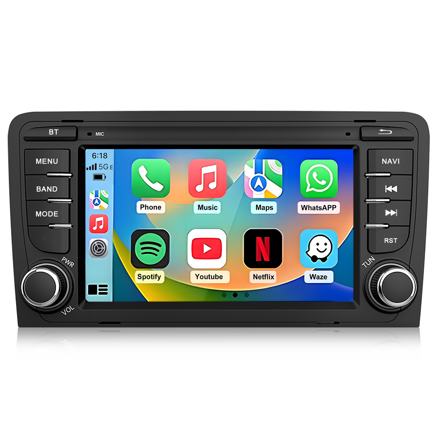 Schermo autoradio mostra icone Telefono, Musica, Mappe, WhatsApp, Spotify, YouTube, Netflix, Waze.