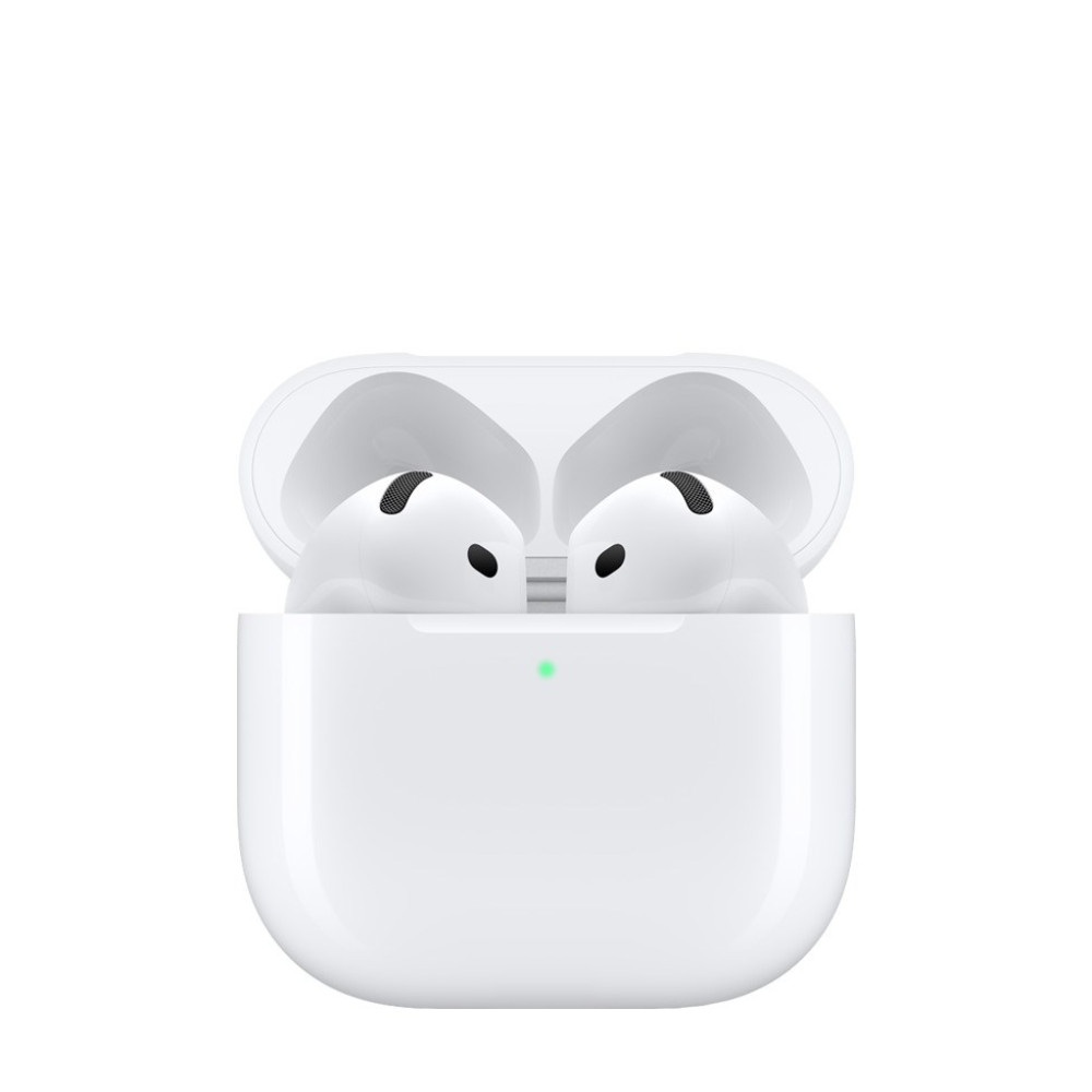 Białe AirPods Pro w otwartym etui ładującym z zielonym światłem.