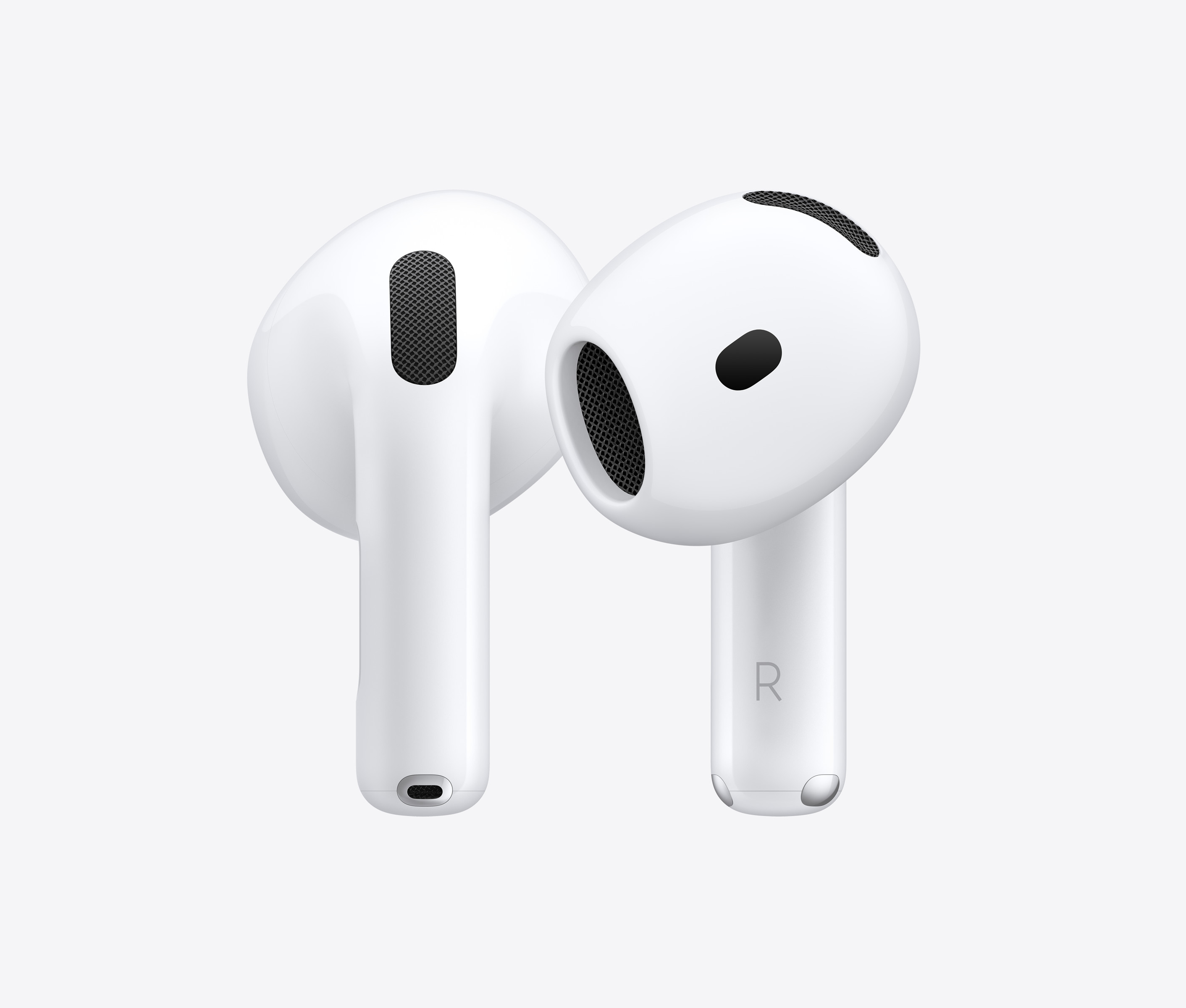 Para białych słuchawek AirPods z czarnymi siatkowymi akcentami, umieszczona na czystym białym tle.